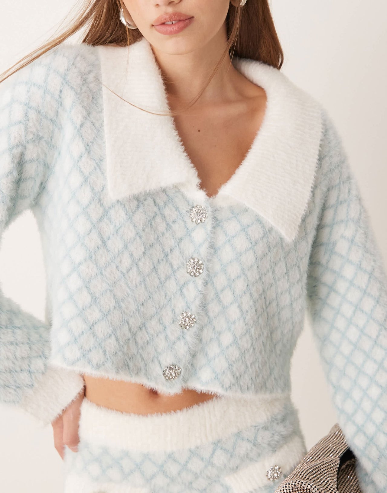 The Frolic exclusive fluffy diamante button through diamond stitch collar detail cardigan co - ord in blue - ASOS Sample Sale EU Store