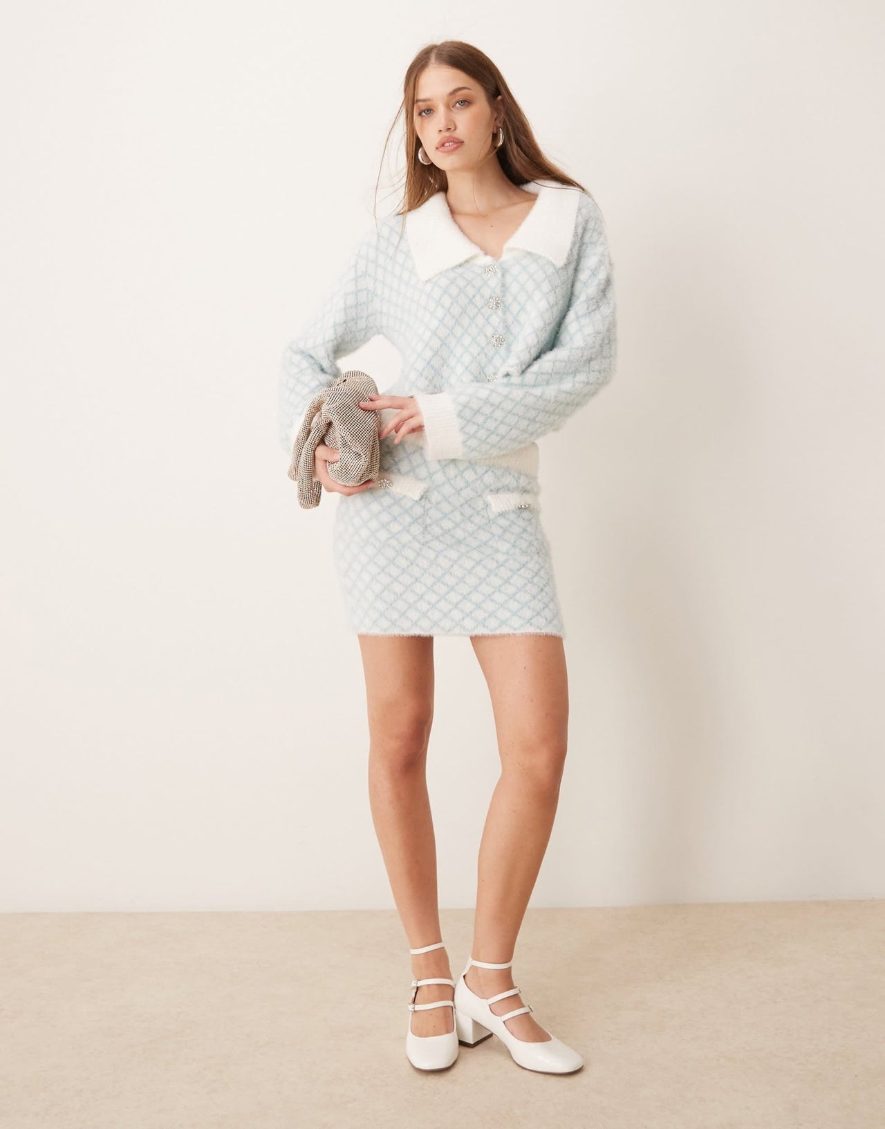 The Frolic exclusive fluffy diamante button through diamond stitch collar detail cardigan co - ord in blue - ASOS Sample Sale EU Store