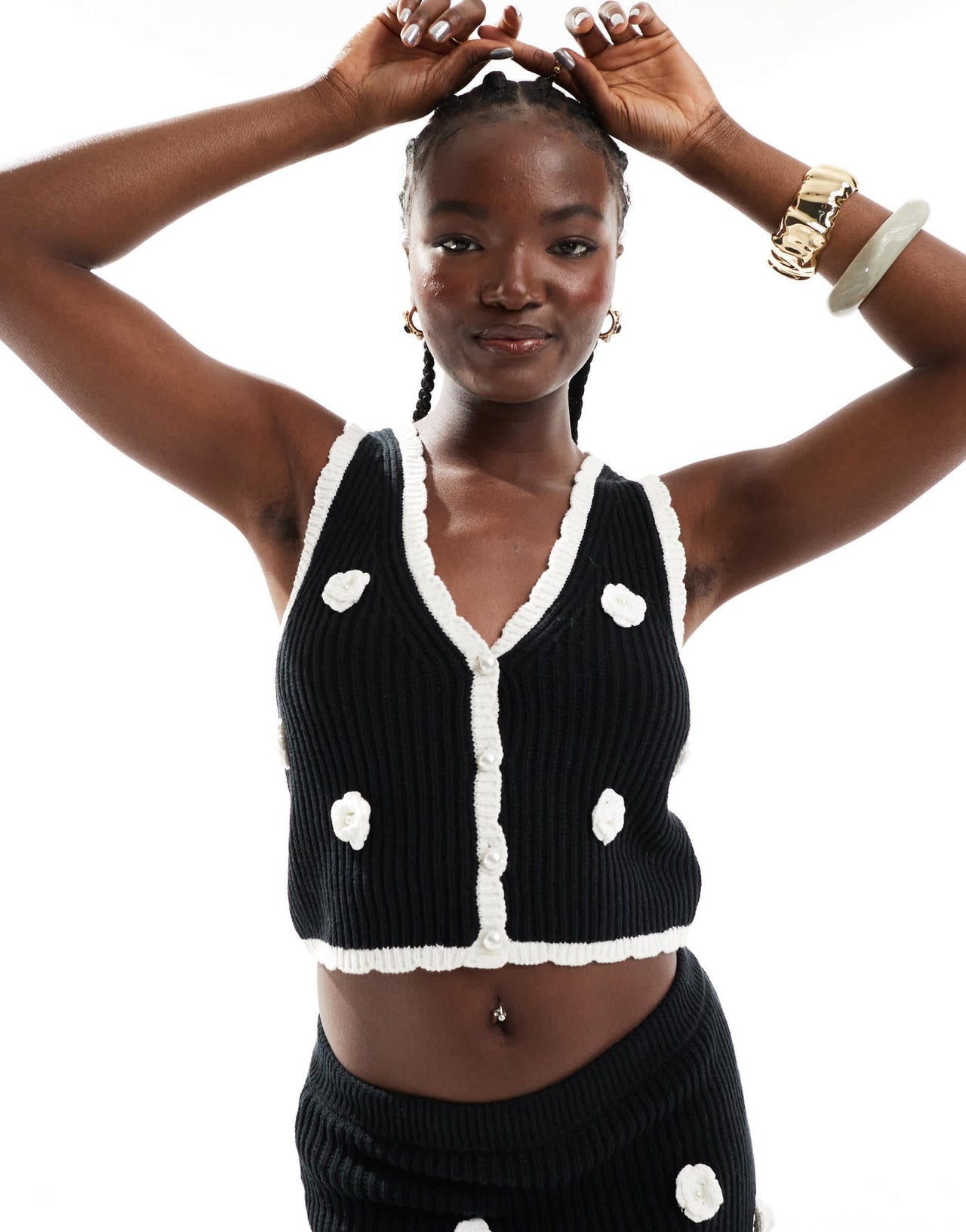 The Frolic exclusive knitted pearl flower applique beach waistcoat top co - ord in black and cream - ASOS Sample Sale EU Store