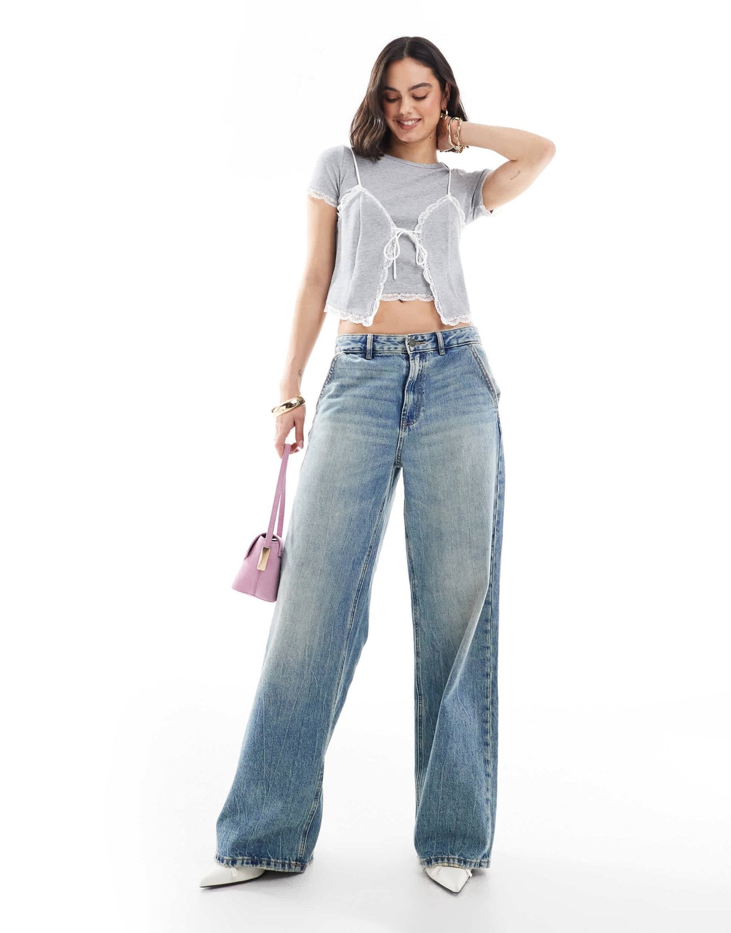 The Frolic exclusive lace trim t-shirt and tie front cami top overlay in light grey - ASOS Sample Sale EU Store