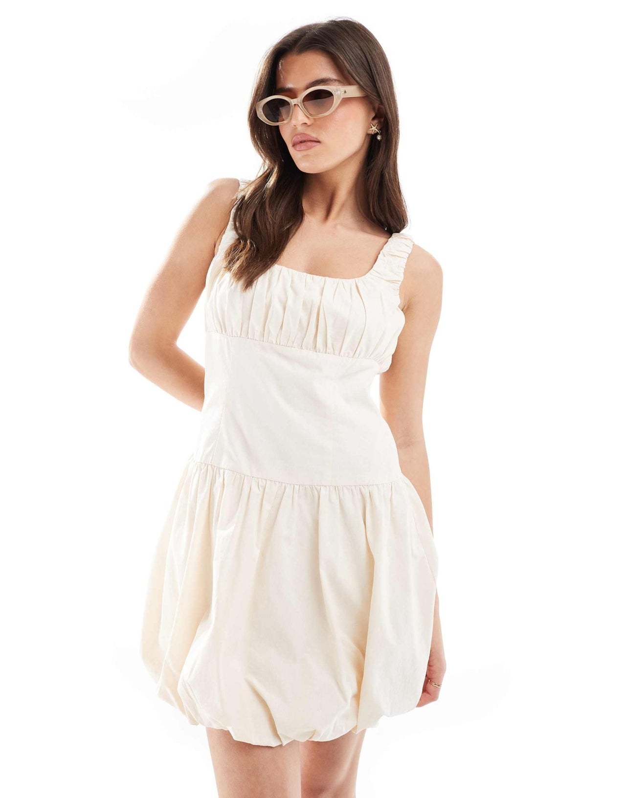 The Frolic exclusive poplin ruched bust dropped waist puffball mini dress in cream - ASOS Sample Sale EU Store