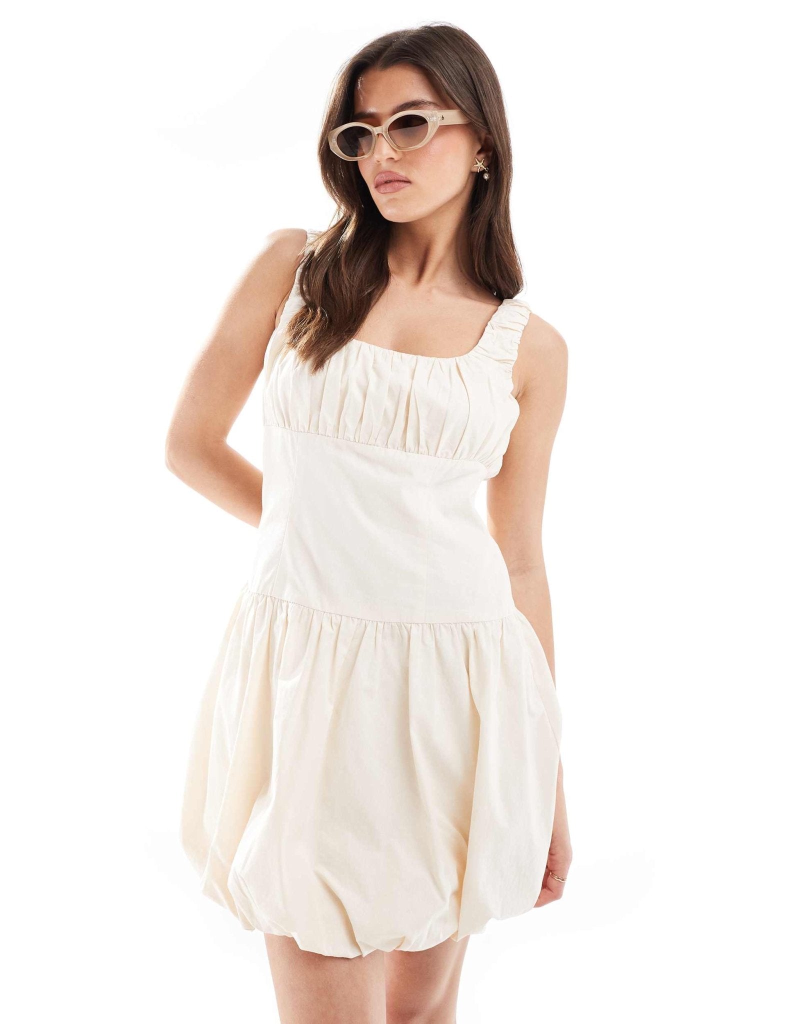 The Frolic exclusive poplin ruched bust dropped waist puffball mini dress in cream - ASOS Sample Sale EU Store