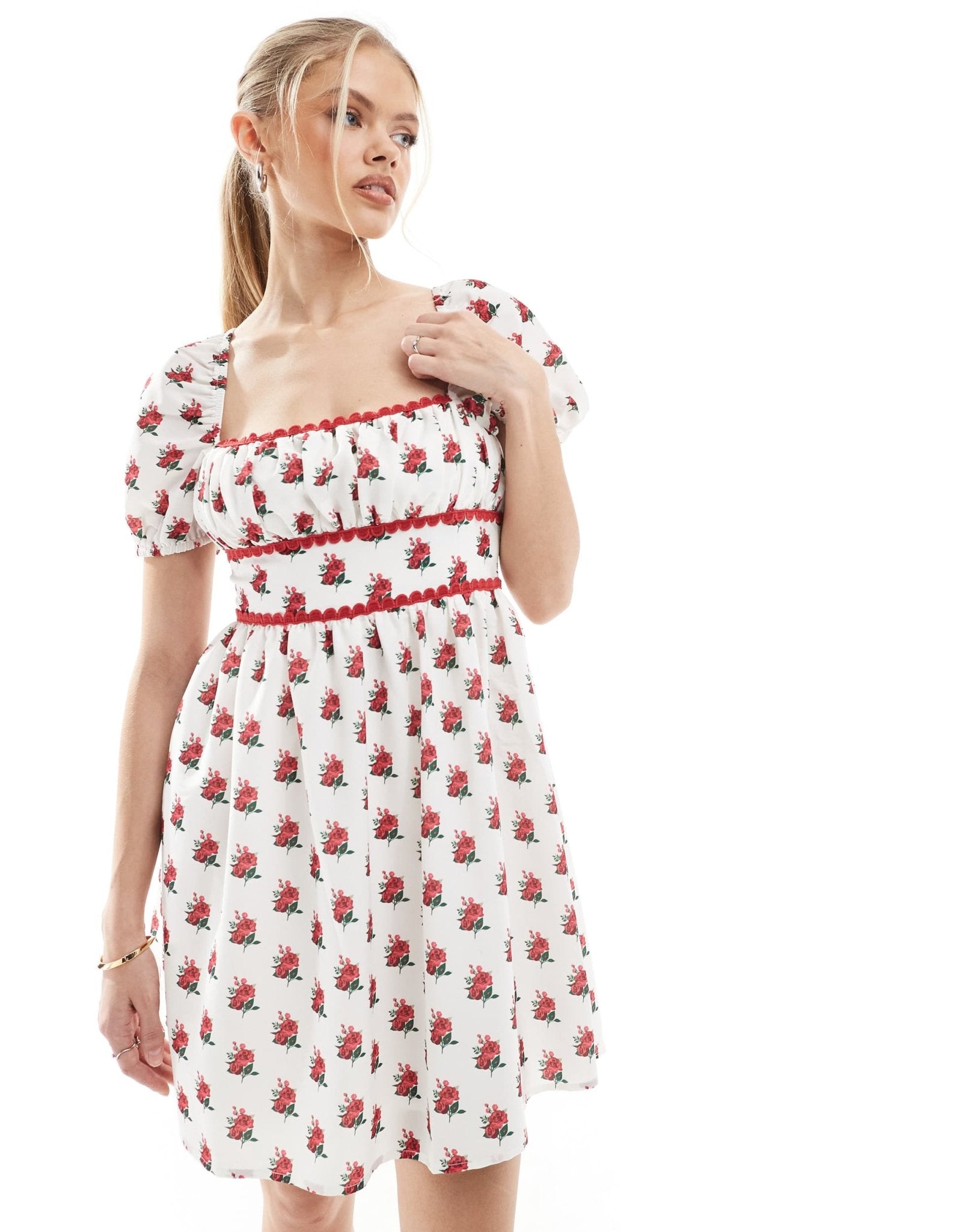 The Frolic exclusive scallop trim square neck puff sleeve bow tie back mini dress in cream floral - ASOS Sample Sale EU Store