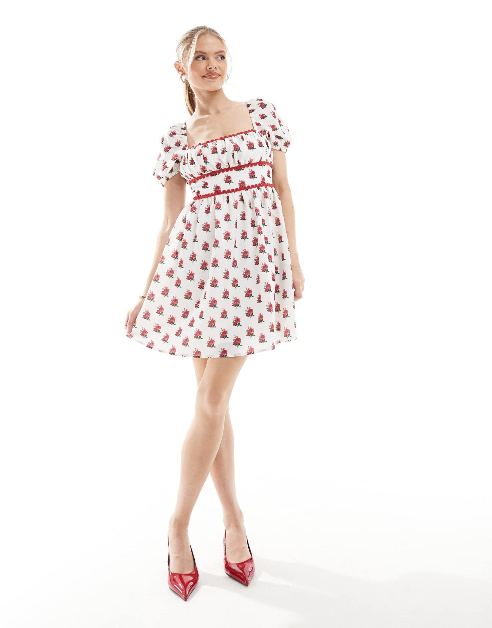 The Frolic exclusive scallop trim square neck puff sleeve bow tie back mini dress in cream floral - ASOS Sample Sale EU Store