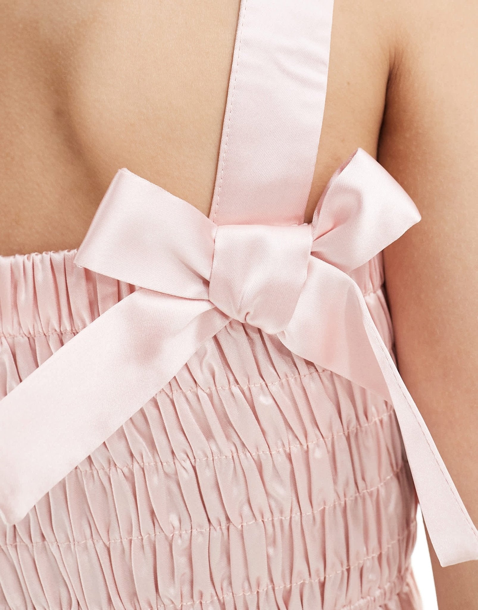 The Frolic exclusive shirred satin bow strap detail crop top in light pink - ASOS Sample Sale EU Store