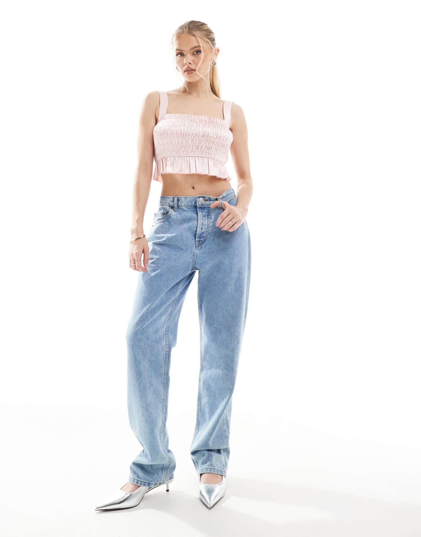 The Frolic exclusive shirred satin bow strap detail crop top in light pink - ASOS Sample Sale EU Store