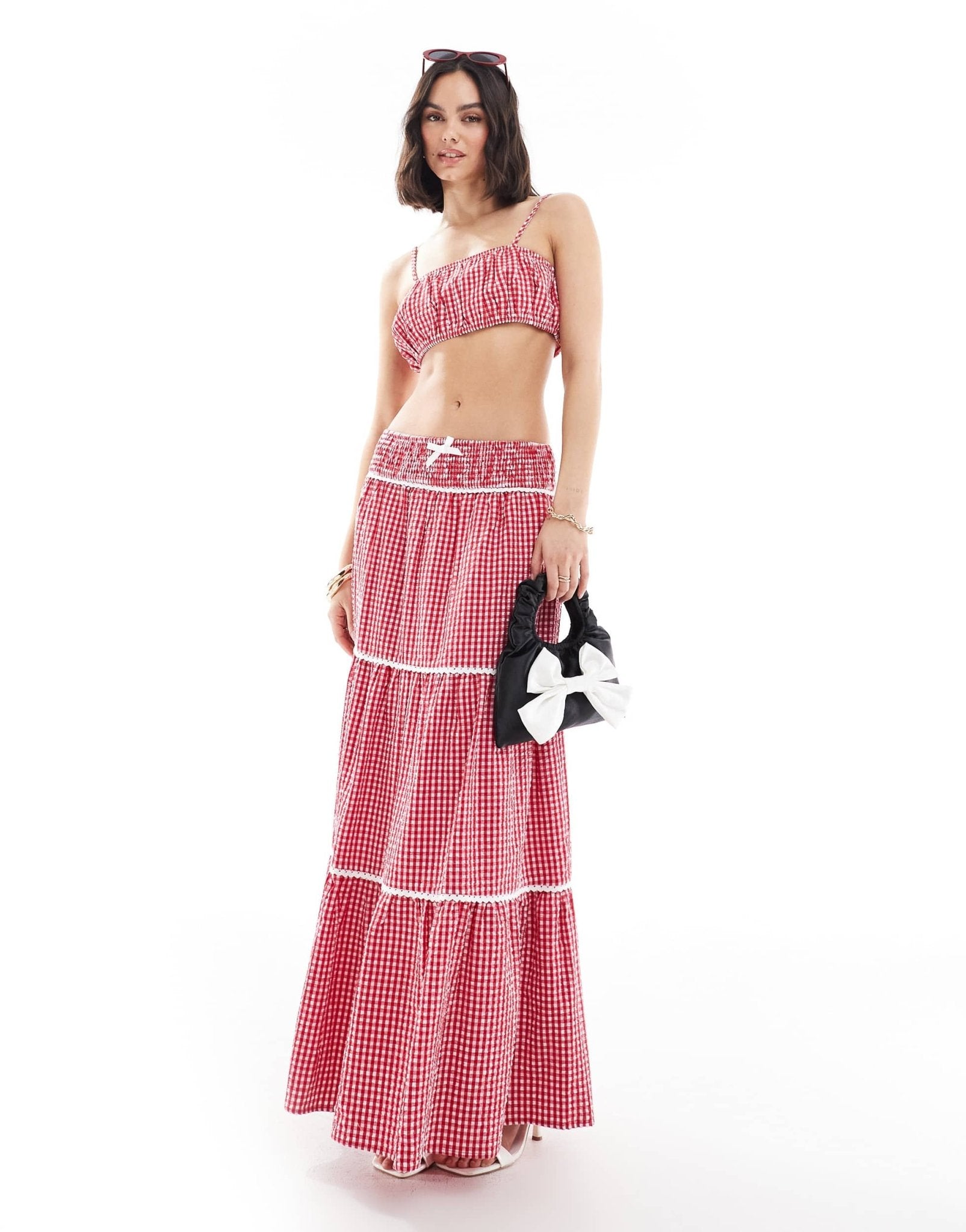 The Frolic exclusive shirred waist tiered lace trim maxi skirt co - ord in red gingham - ASOS Sample Sale EU Store