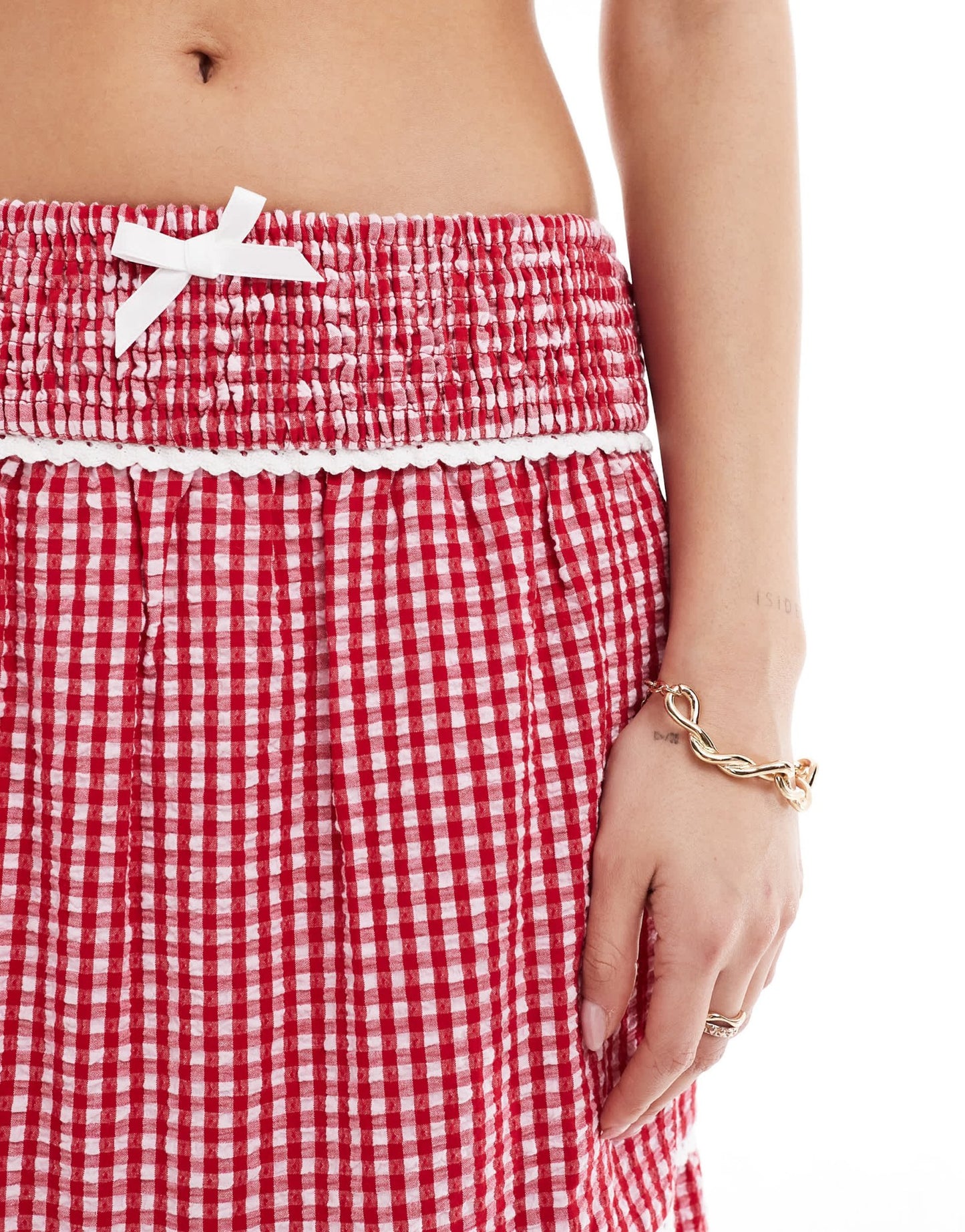 The Frolic exclusive shirred waist tiered lace trim maxi skirt co - ord in red gingham - ASOS Sample Sale EU Store