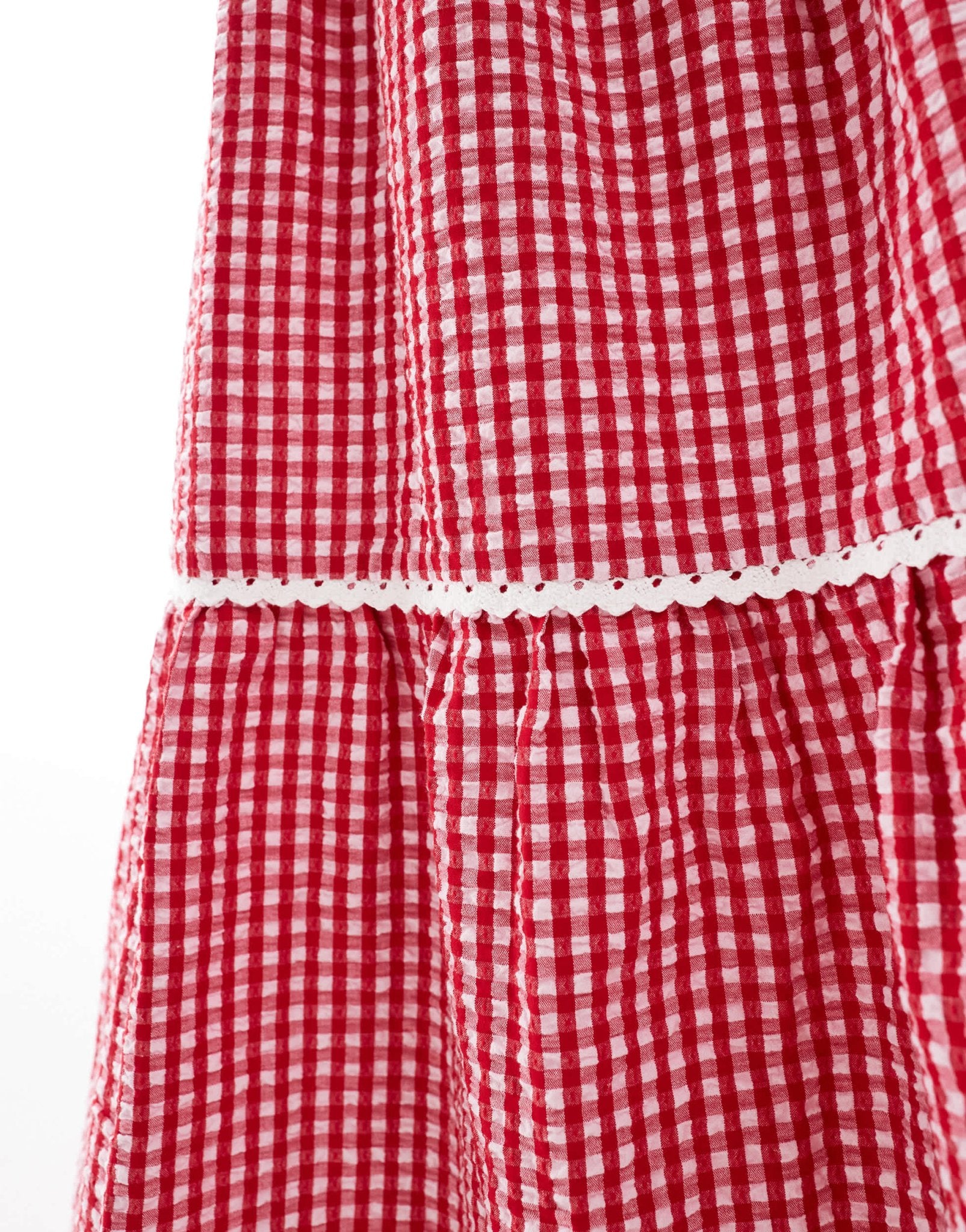 The Frolic exclusive shirred waist tiered lace trim maxi skirt co - ord in red gingham - ASOS Sample Sale EU Store