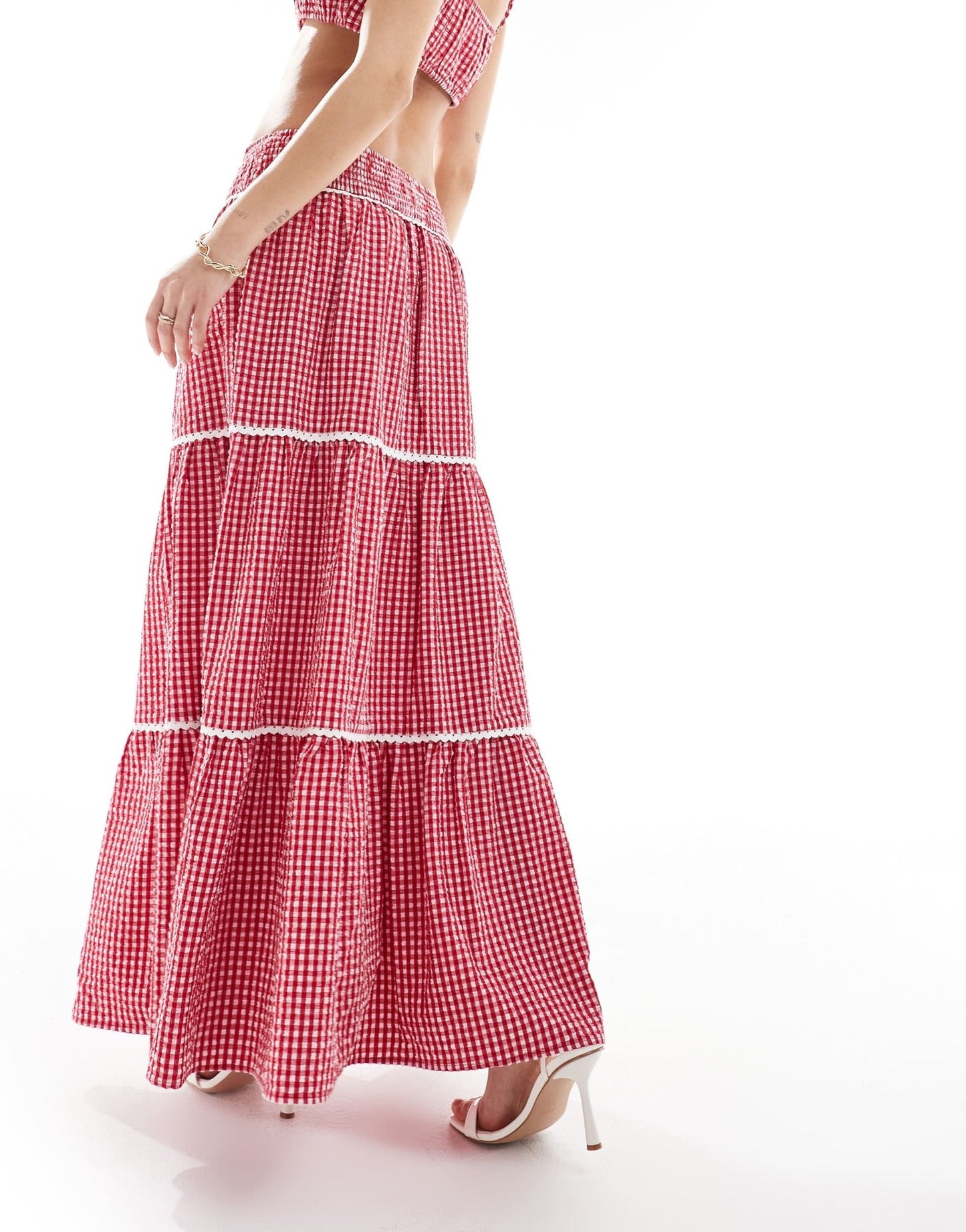 The Frolic exclusive shirred waist tiered lace trim maxi skirt co - ord in red gingham - ASOS Sample Sale EU Store