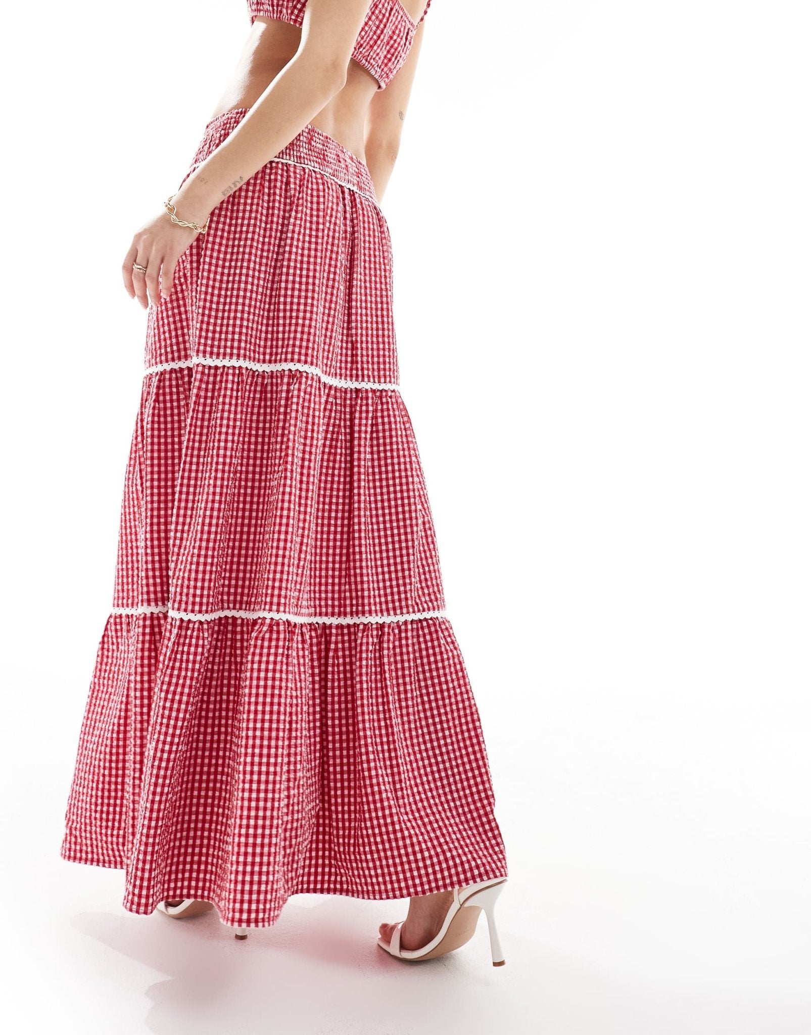 The Frolic exclusive shirred waist tiered lace trim maxi skirt co - ord in red gingham - ASOS Sample Sale EU Store