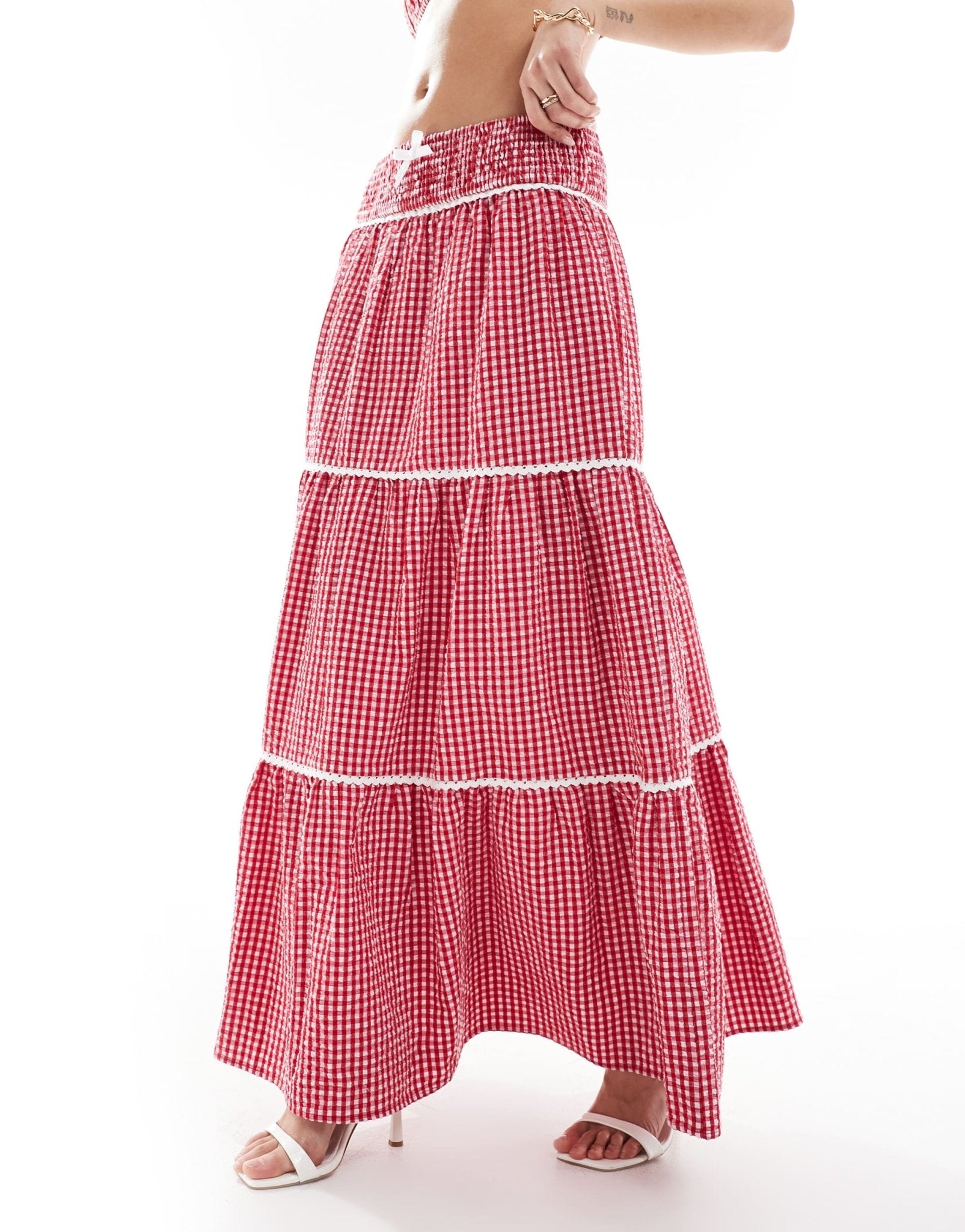 The Frolic exclusive shirred waist tiered lace trim maxi skirt co - ord in red gingham - ASOS Sample Sale EU Store