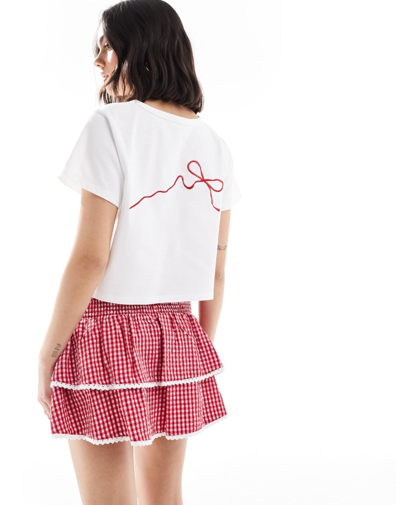 The Frolic exclusive shirred waist tiered lace trim rara mini skirt co - ord in red gingham - ASOS Sample Sale EU Store