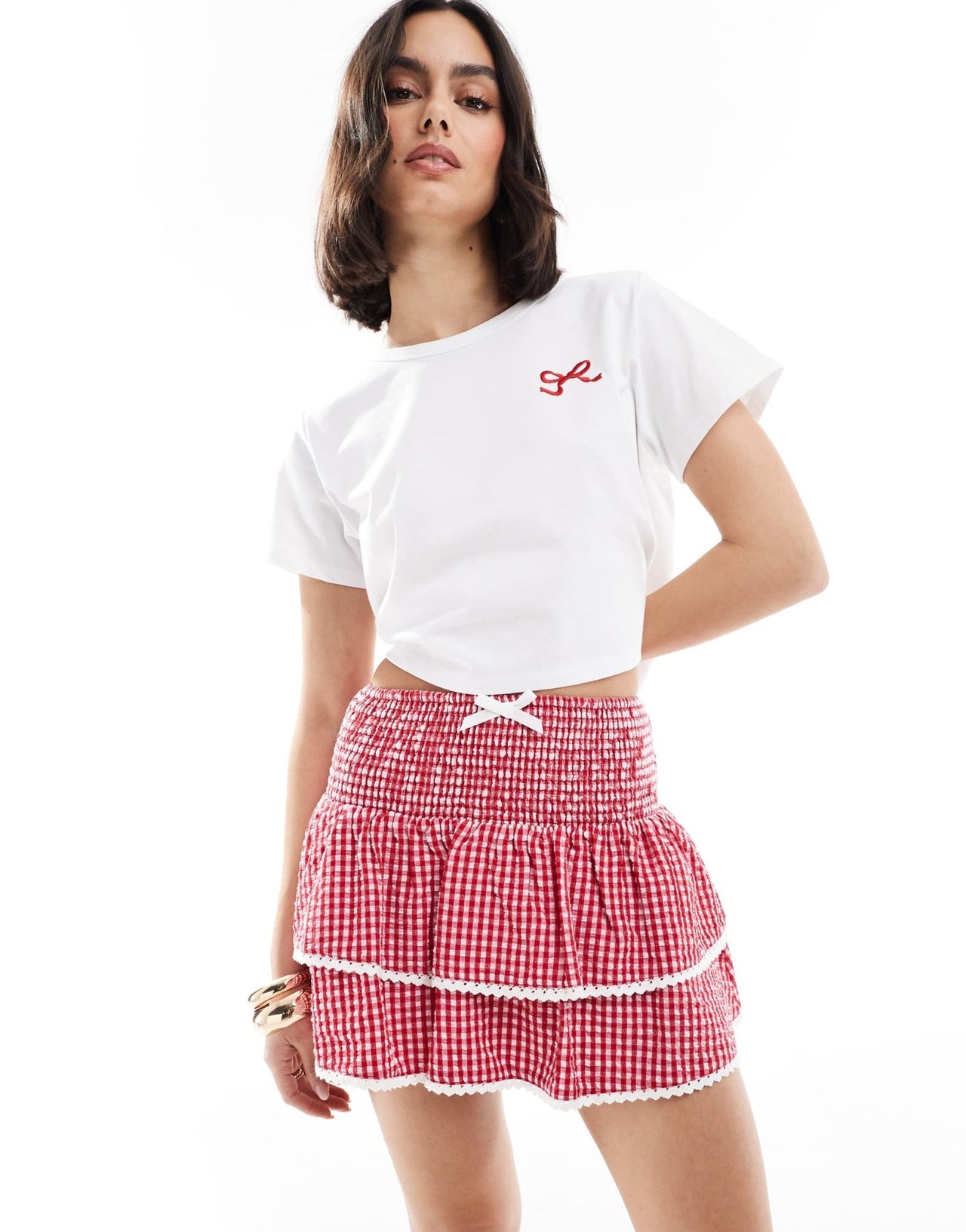 The Frolic exclusive shirred waist tiered lace trim rara mini skirt co - ord in red gingham - ASOS Sample Sale EU Store