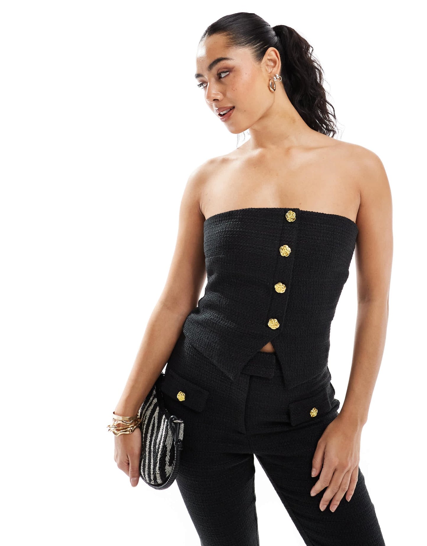The Frolic exclusive tailored boucle bandeau split front gold flower button detail top co - ord in black - ASOS Sample Sale EU Store
