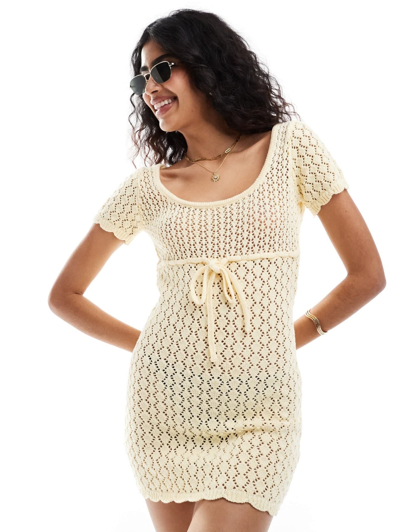 The Frolic mango cross tie detail open back mini crochet beach dress in lemon - ASOS Sample Sale EU Store