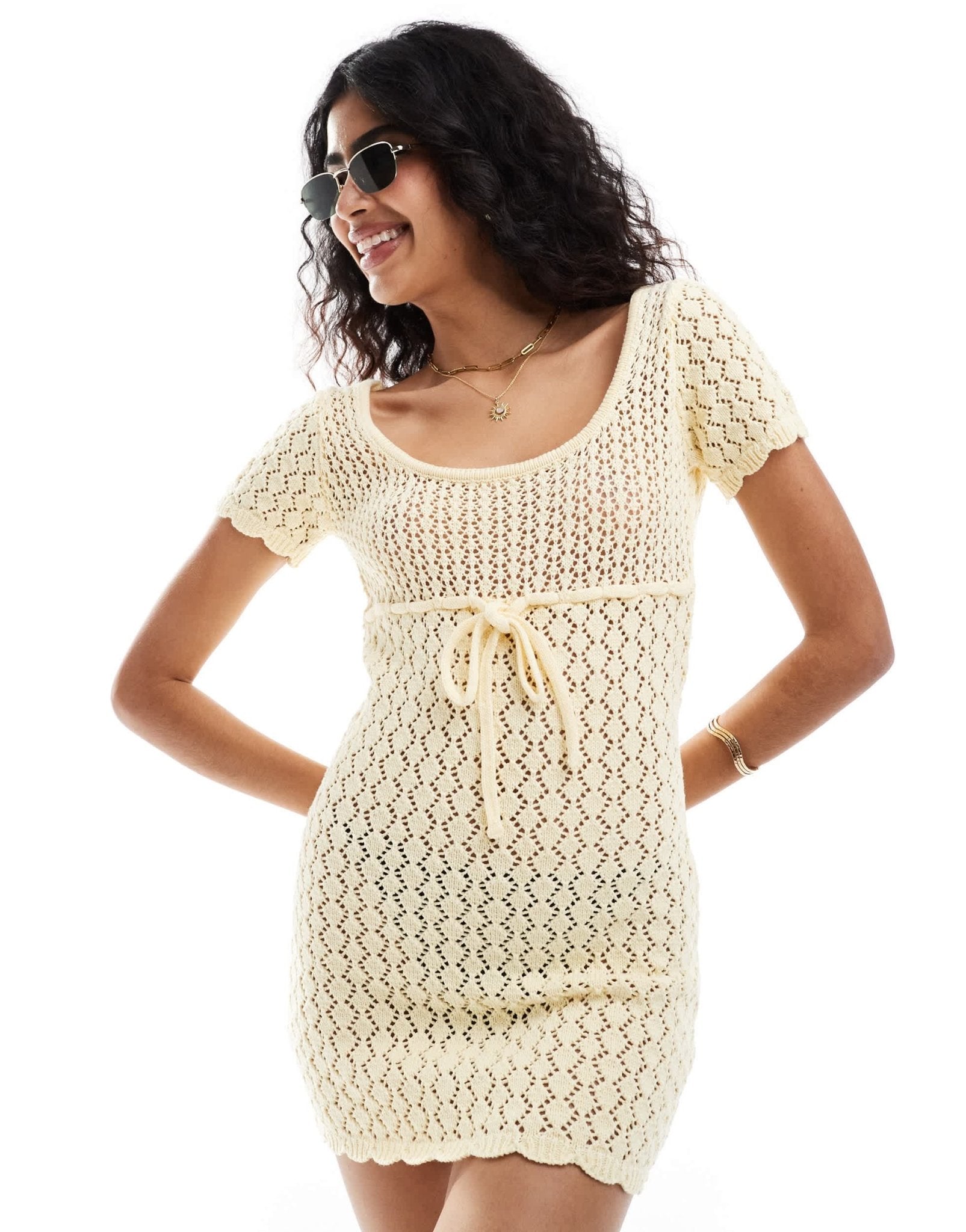 The Frolic mango cross tie detail open back mini crochet beach dress in lemon - ASOS Sample Sale EU Store