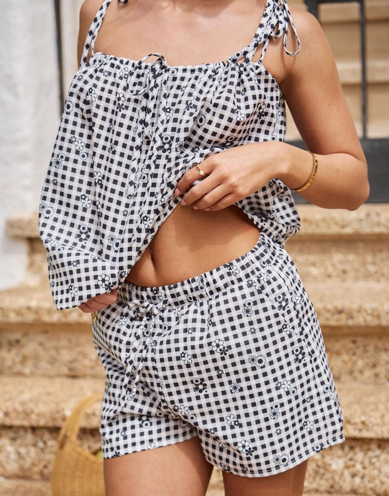 The Frolic X Lyds Butler moana ruched strappy beach top co - ord in retro gingham in black - ASOS Sample Sale EU Store