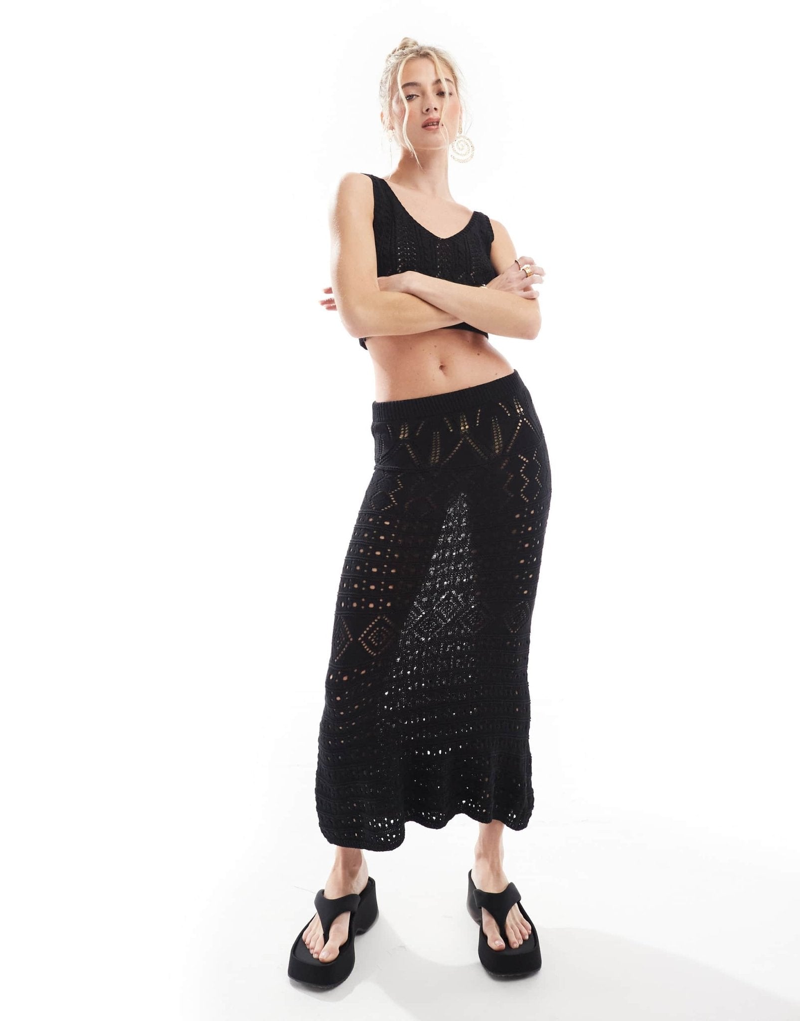 Threadbare crochet crop top & maxi skirt set in black - ASOS Sample Sale EU Store