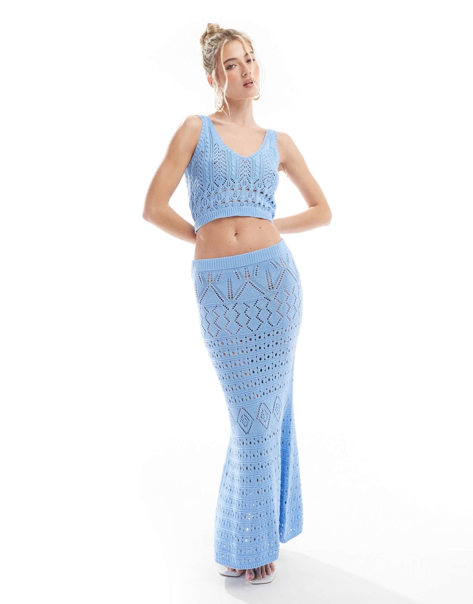 Threadbare crochet crop top & maxi skirt set in blue - ASOS Sample Sale EU Store