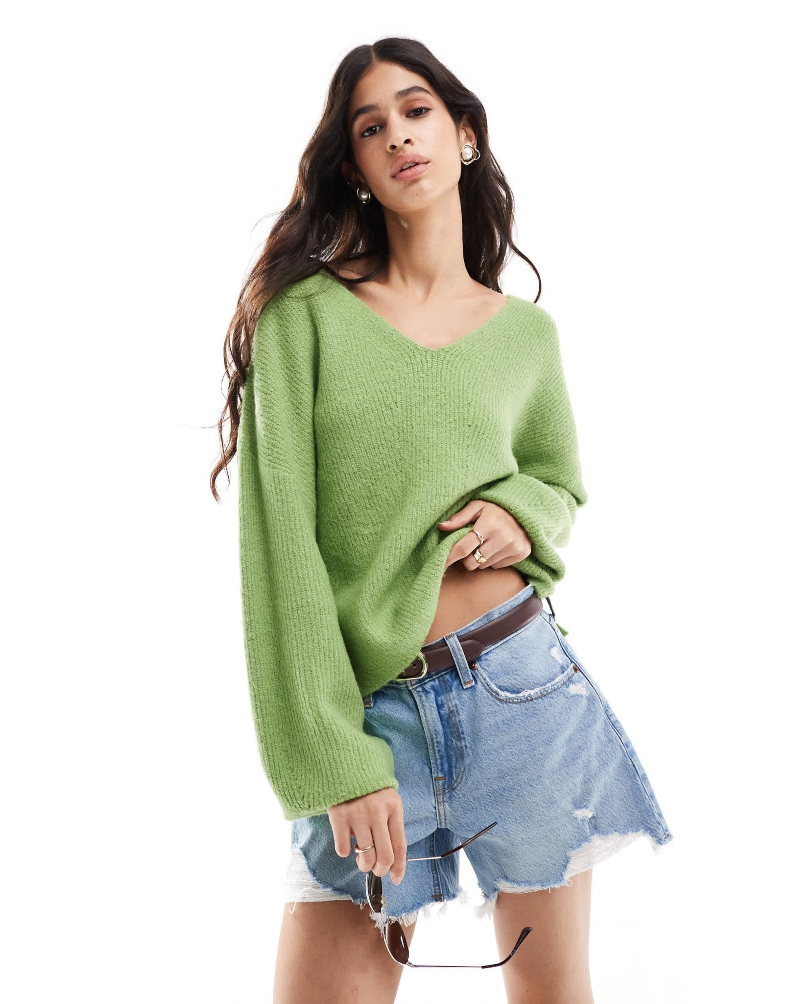 Threadbare fluffy v neck slouchy jumper in green - ASOS Sample Sale EU Store