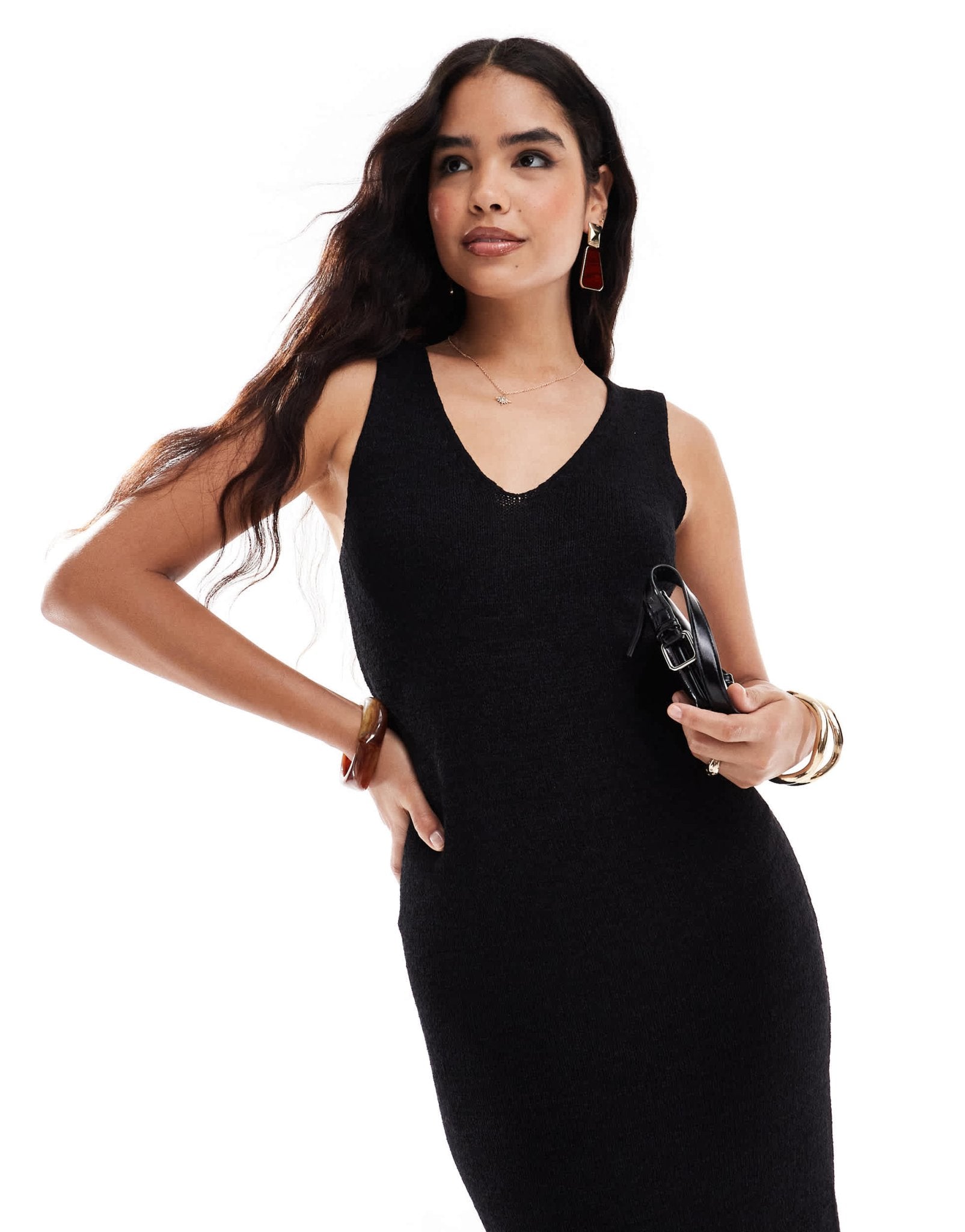 Threadbare knitted midi v - neck dress in black - ASOS Sample Sale EU Store