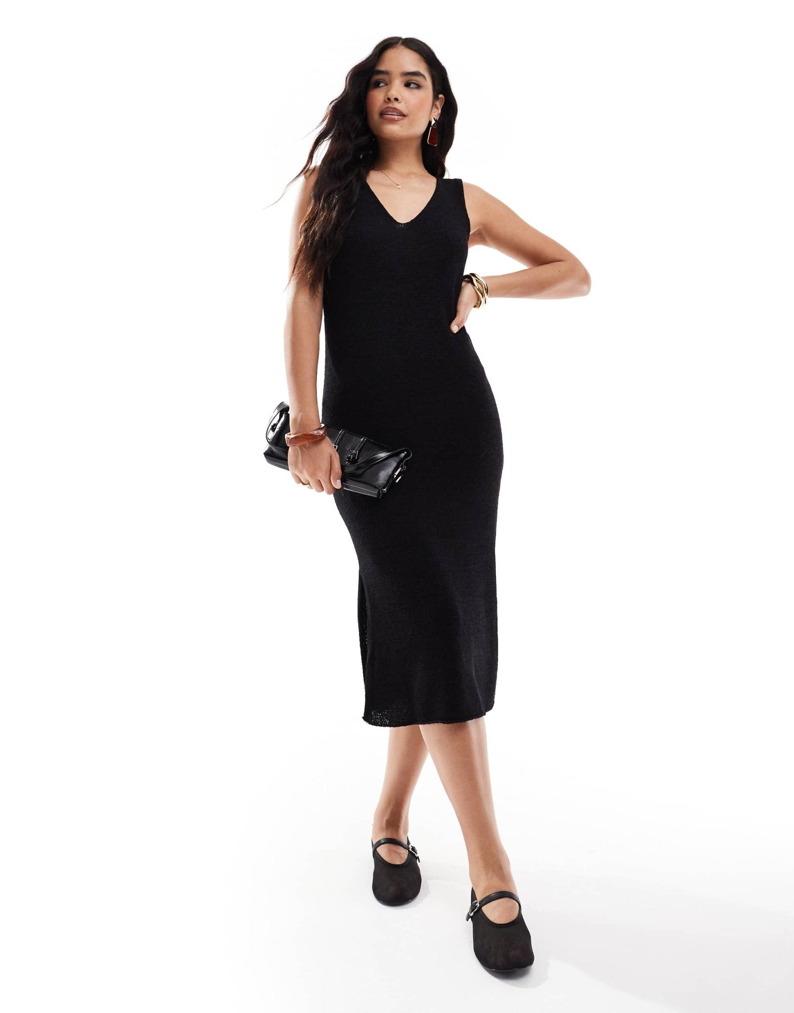 Threadbare knitted midi v - neck dress in black - ASOS Sample Sale EU Store