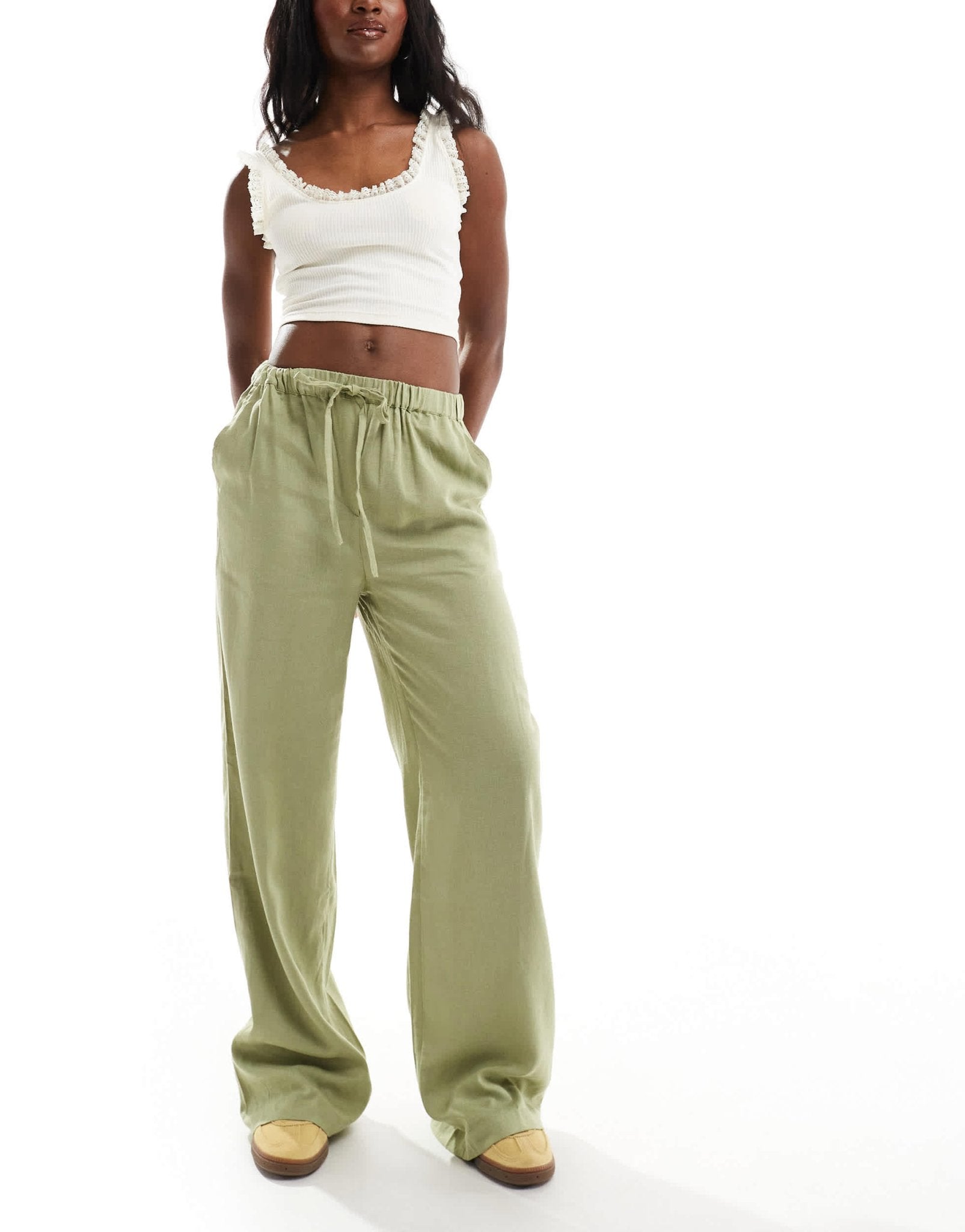 Threadbare linen blend trousers in green with elasticated waist - ASOS Sample Sale EU Store