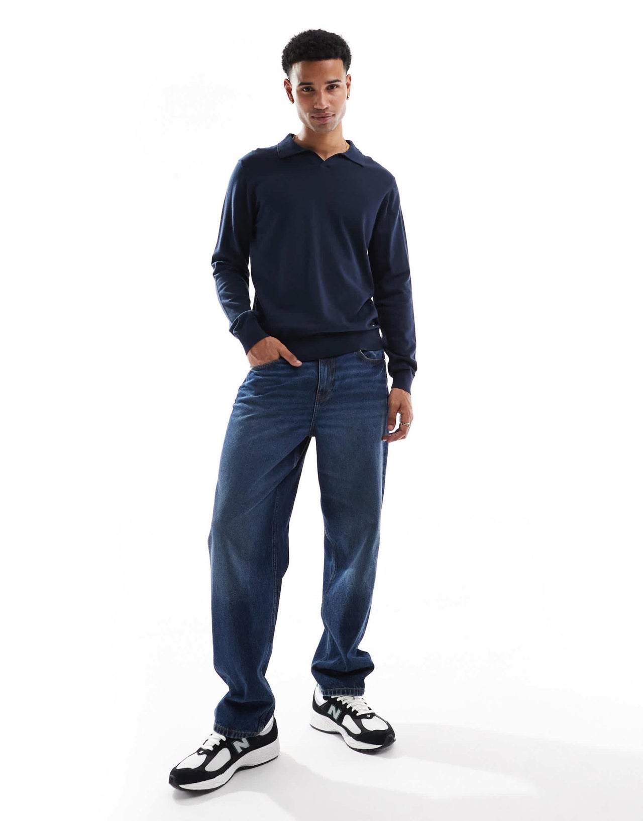 Threadbare long sleeve trophy neck knitted top in navy - ASOS Sample Sale EU Store