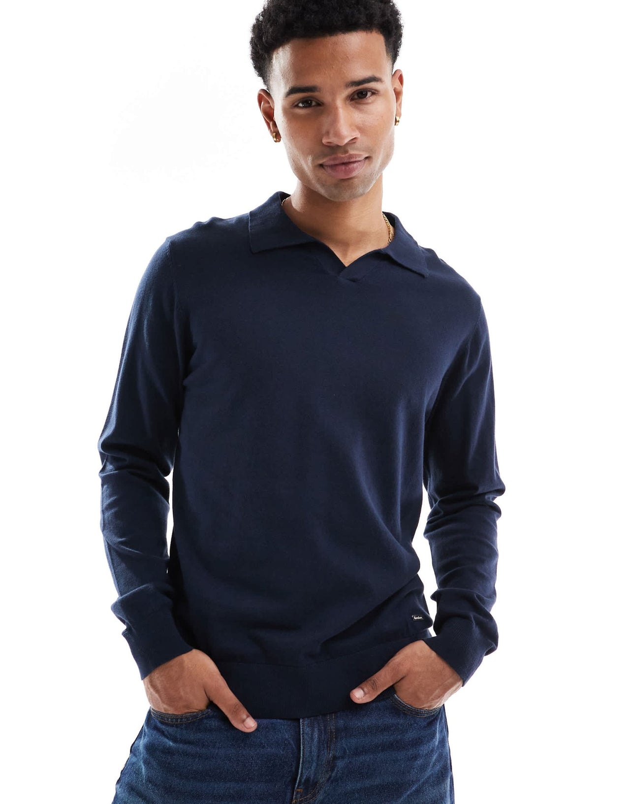 Threadbare long sleeve trophy neck knitted top in navy - ASOS Sample Sale EU Store