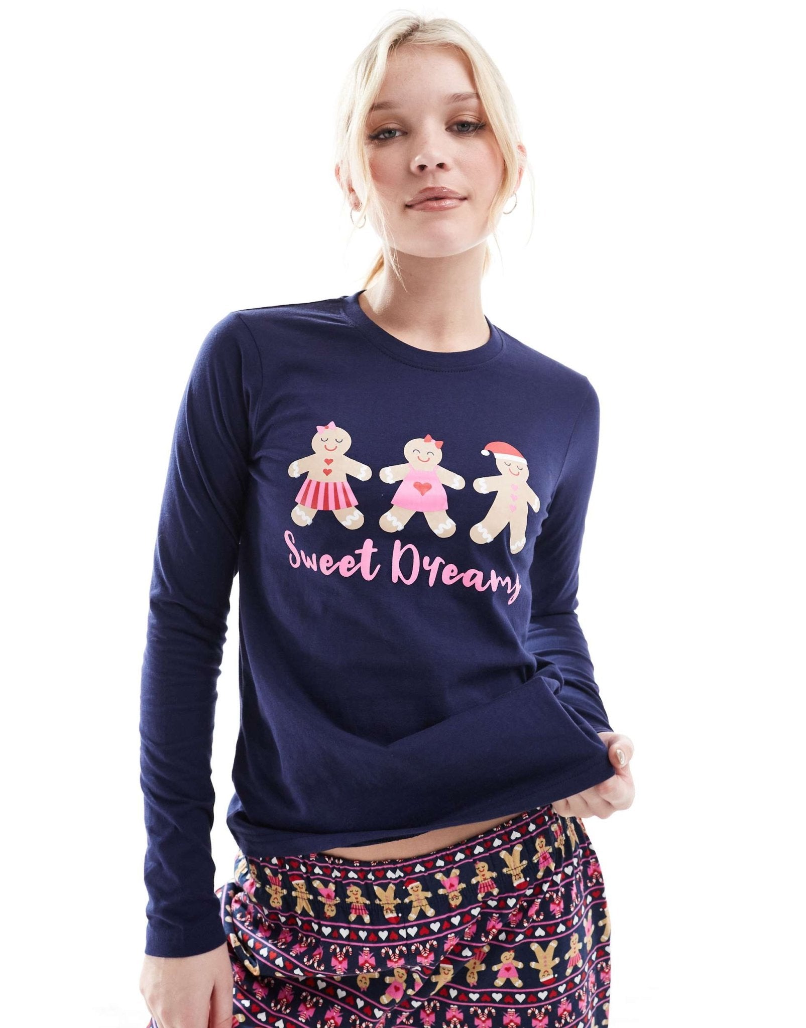 Threadbare novelty gingerbread long pyjama set in navy - ASOS Sample Sale EU Store