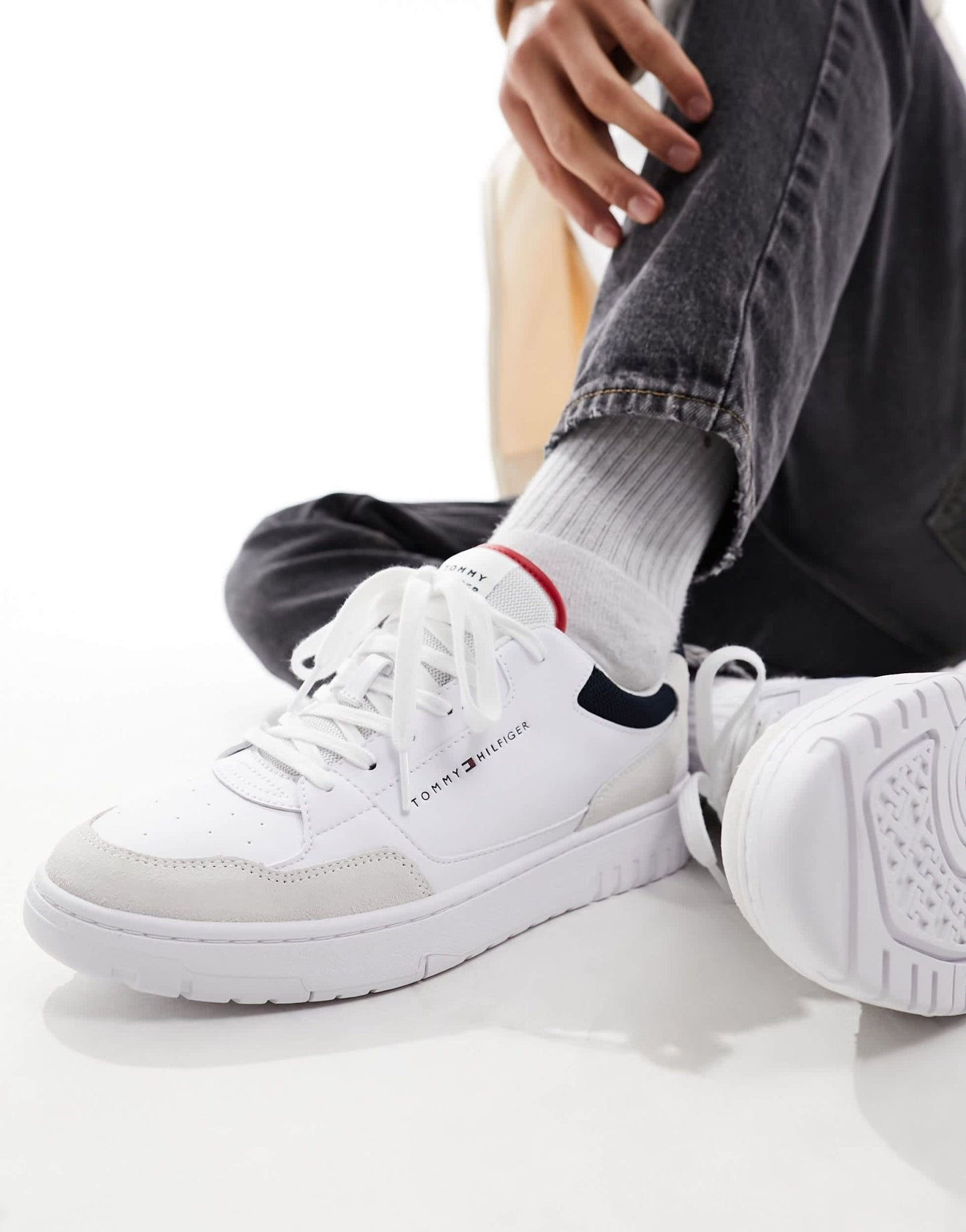 Tommy Hilfiger basket leather mixed media essential trainers in white - ASOS Sample Sale EU Store