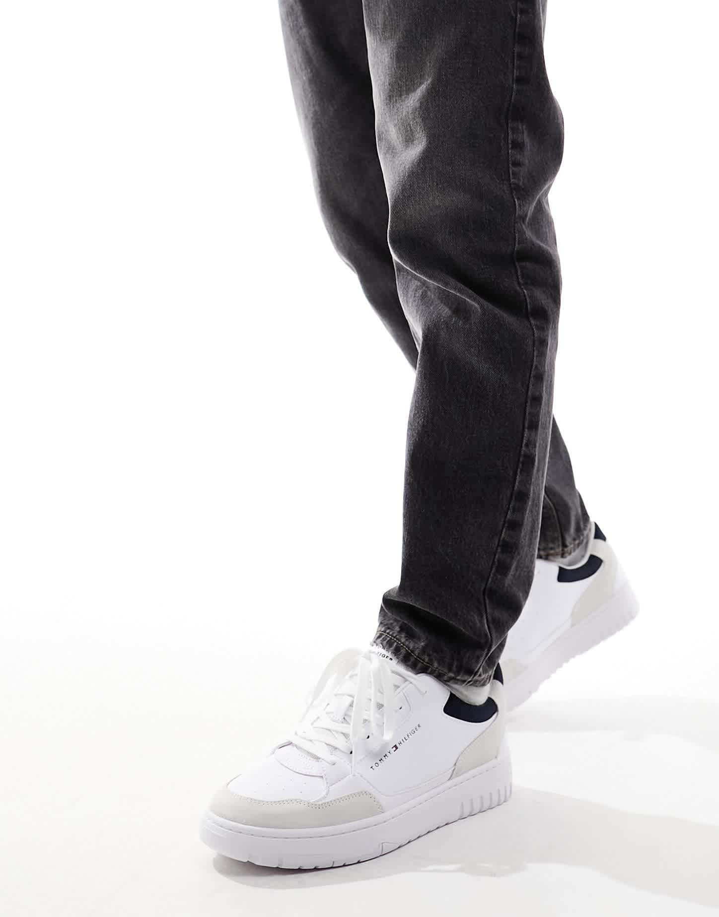 Tommy Hilfiger basket leather mixed media essential trainers in white - ASOS Sample Sale EU Store