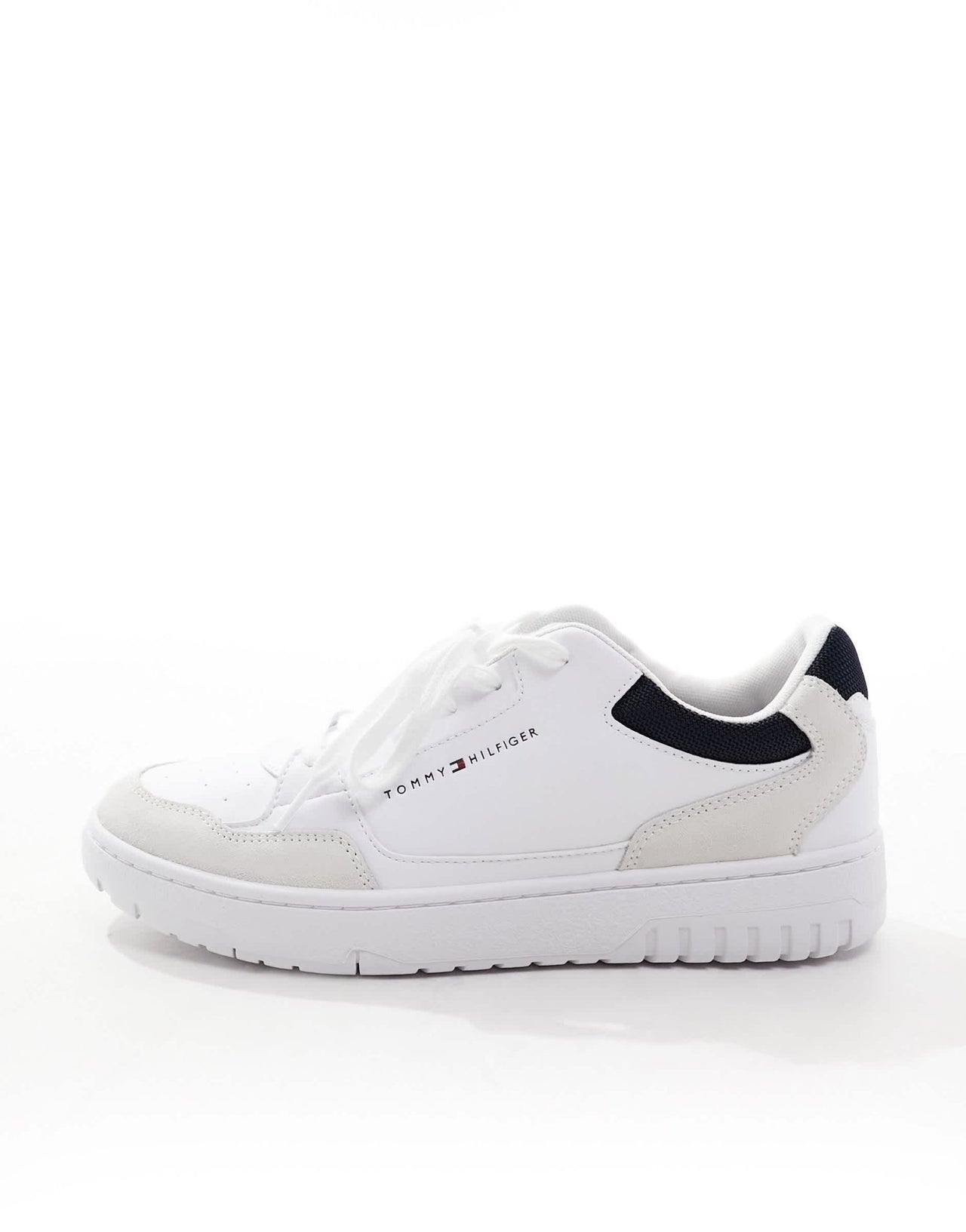 Tommy Hilfiger basket leather mixed media essential trainers in white - ASOS Sample Sale EU Store