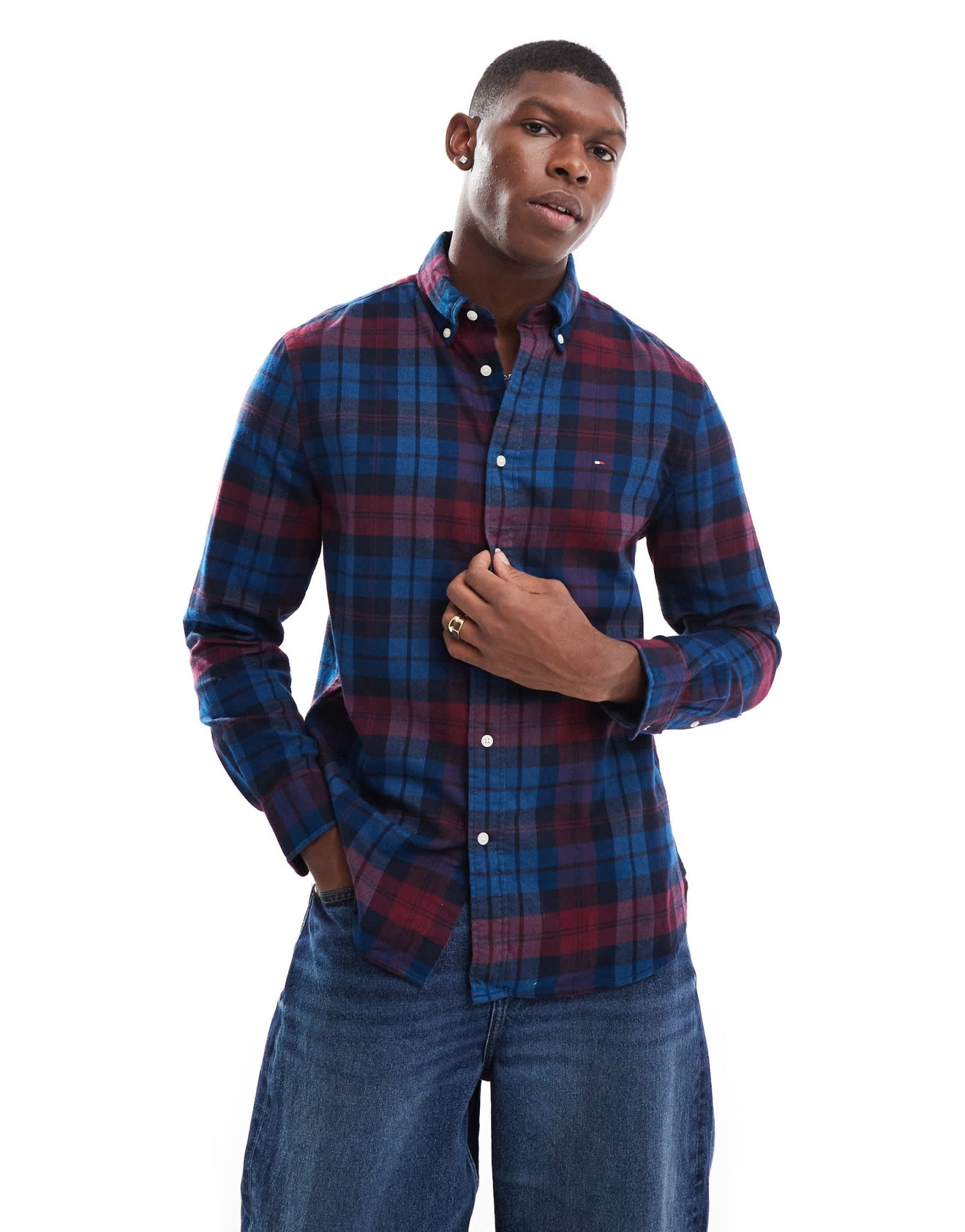 Tommy Hilfiger brushed check shirt in navy and burgundy - ASOS Sample Sale EU Store