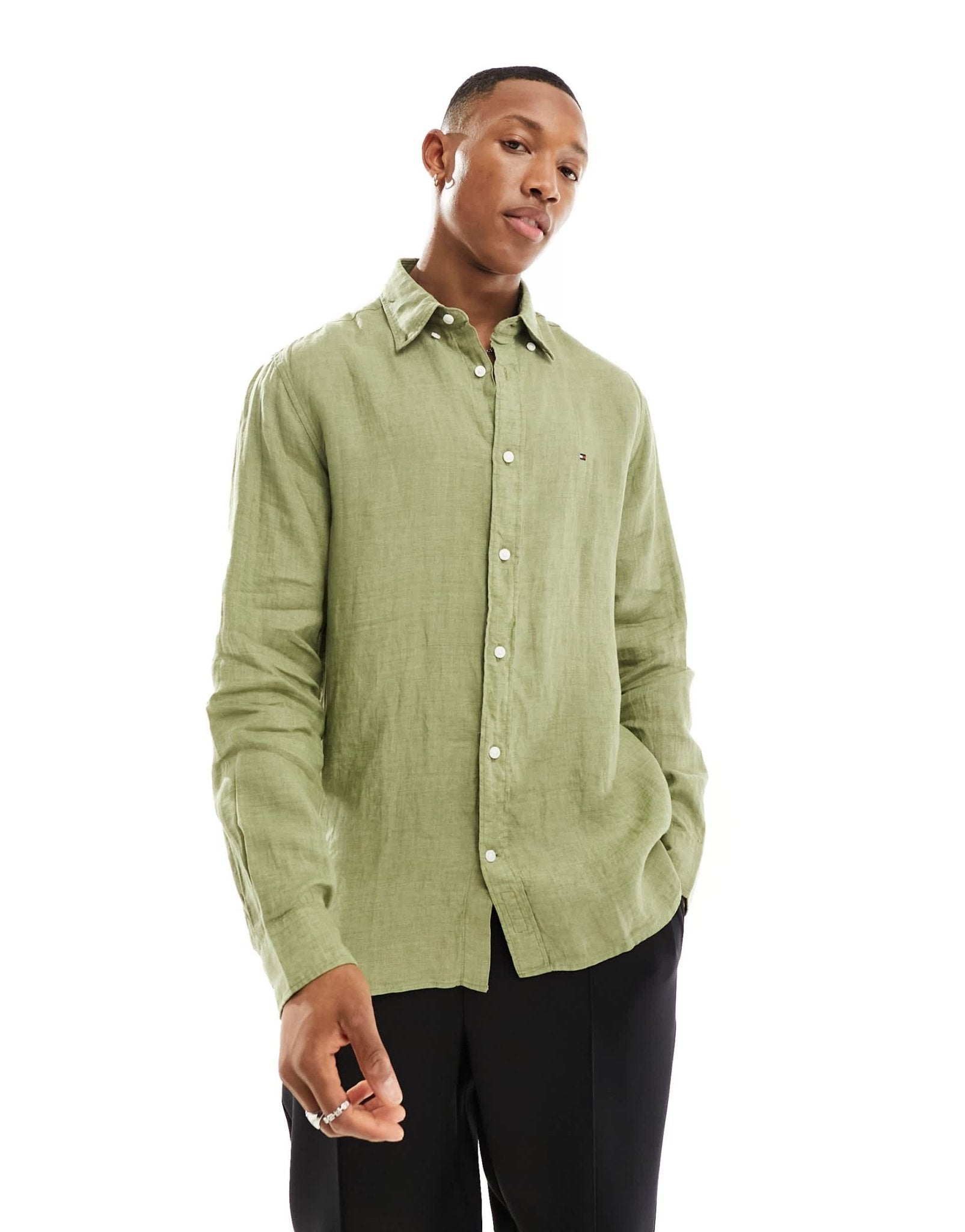 Tommy Hilfiger pigment dyed solid regular fit shirt in olive green - ASOS Sample Sale EU Store