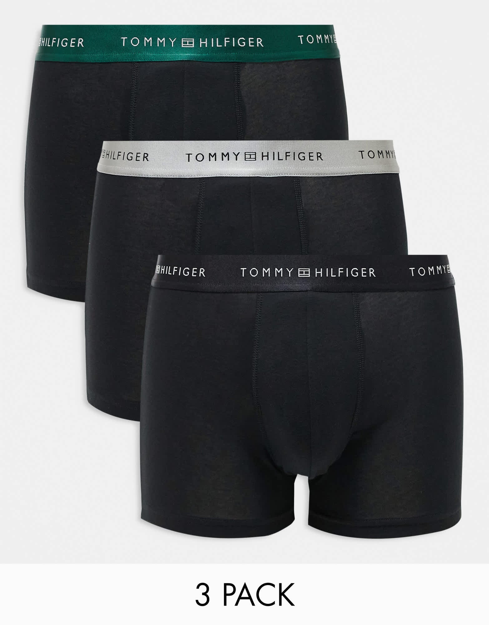 Tommy Hilfiger Signature Essential 3 pack trunk in black with green/grey/black waistbands - ASOS Sample Sale EU Store