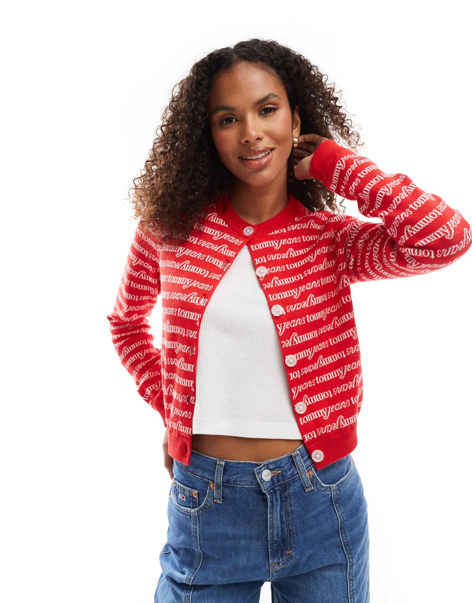 Tommy Jeans all over logo cardigan in red - ASOS Sample Sale EU Store