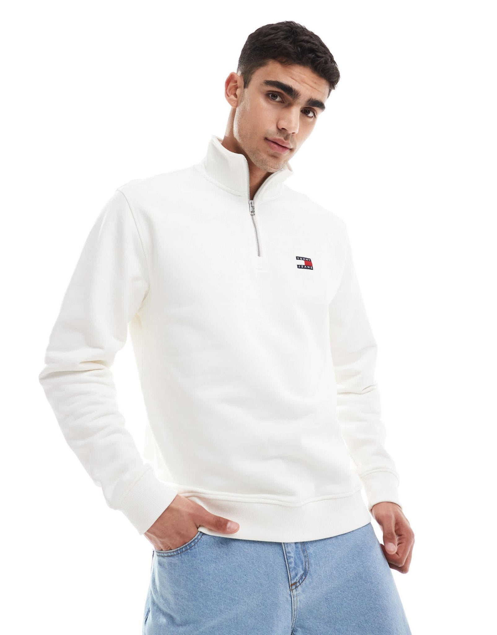 Tommy Jeans badge logo 1/4 zip sweatshirt in white - ASOS Sample Sale EU Store