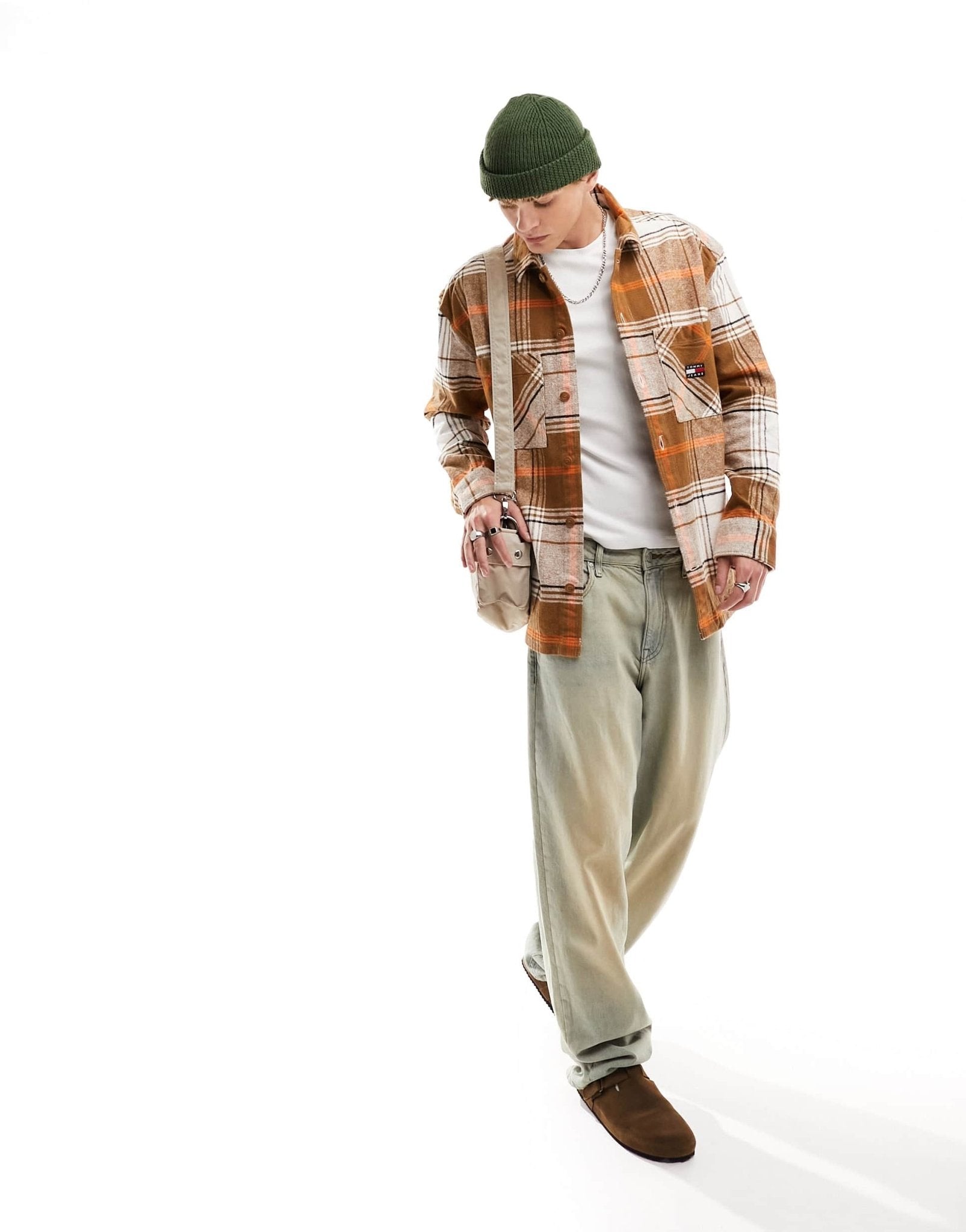 Tommy Jeans brushed check logo overshirt in khaki - ASOS Sample Sale EU Store