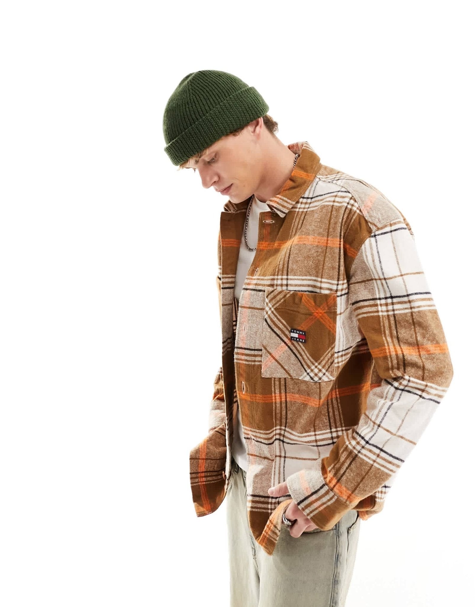Tommy Jeans brushed check logo overshirt in khaki - ASOS Sample Sale EU Store