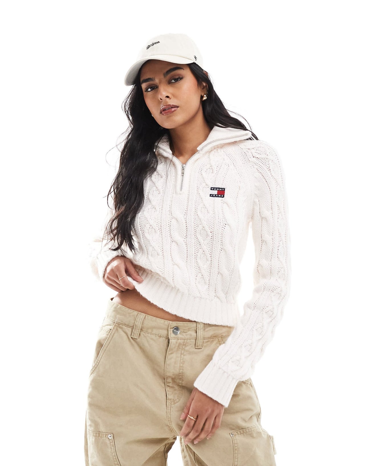 Tommy Jeans cable knit 1/4 jumper in off white - ASOS Sample Sale EU Store
