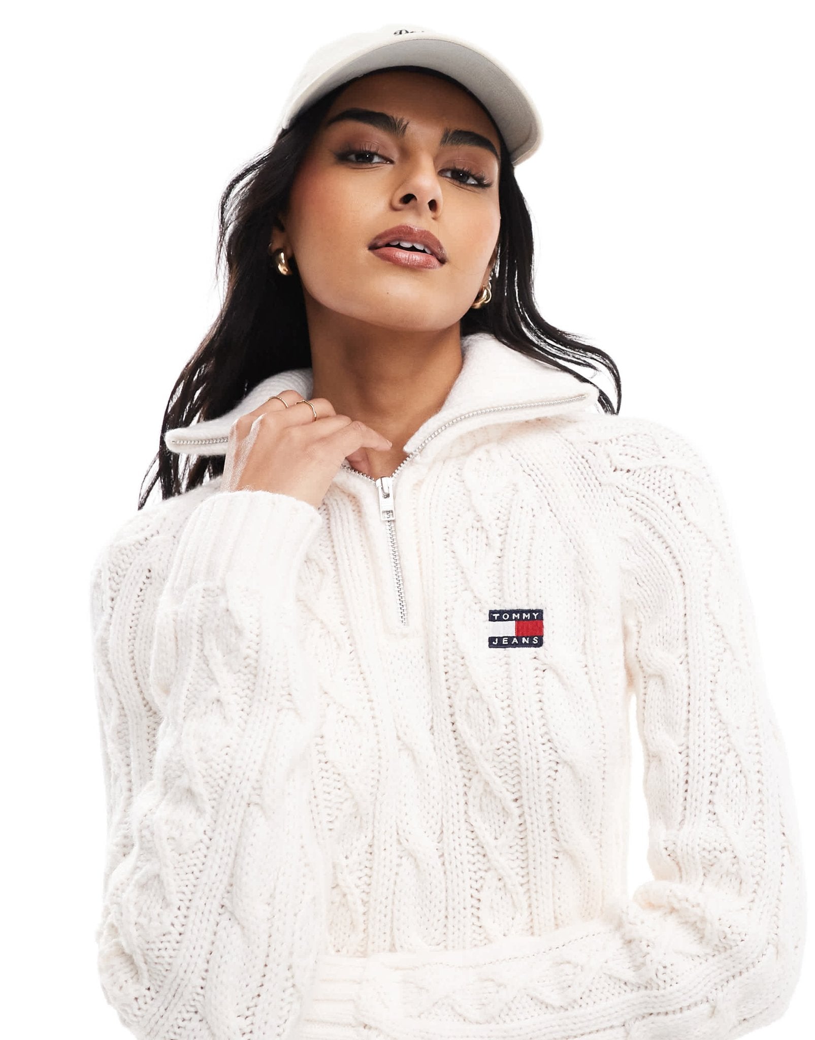 Tommy Jeans cable knit 1/4 jumper in off white - ASOS Sample Sale EU Store