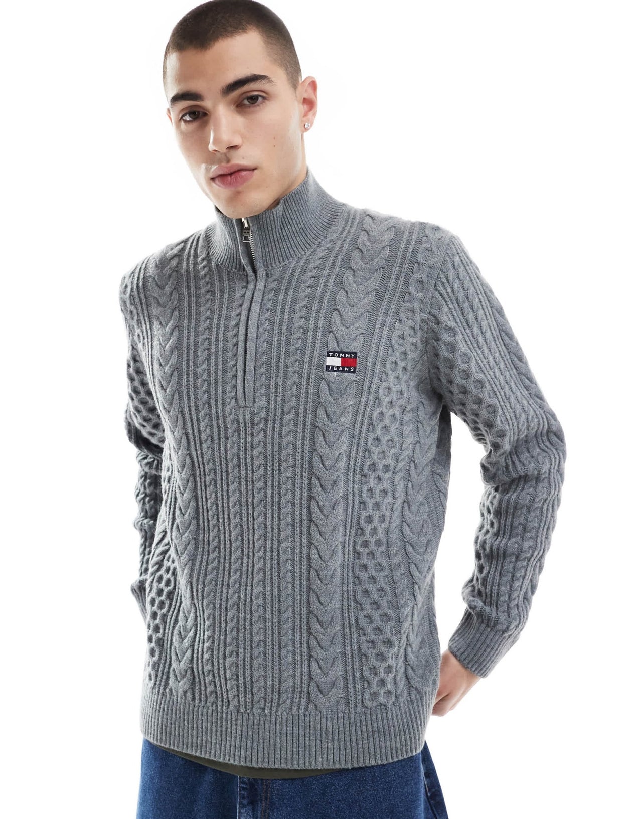 Tommy Jeans cable knit 1/4 zip jumper in grey - ASOS Sample Sale EU Store