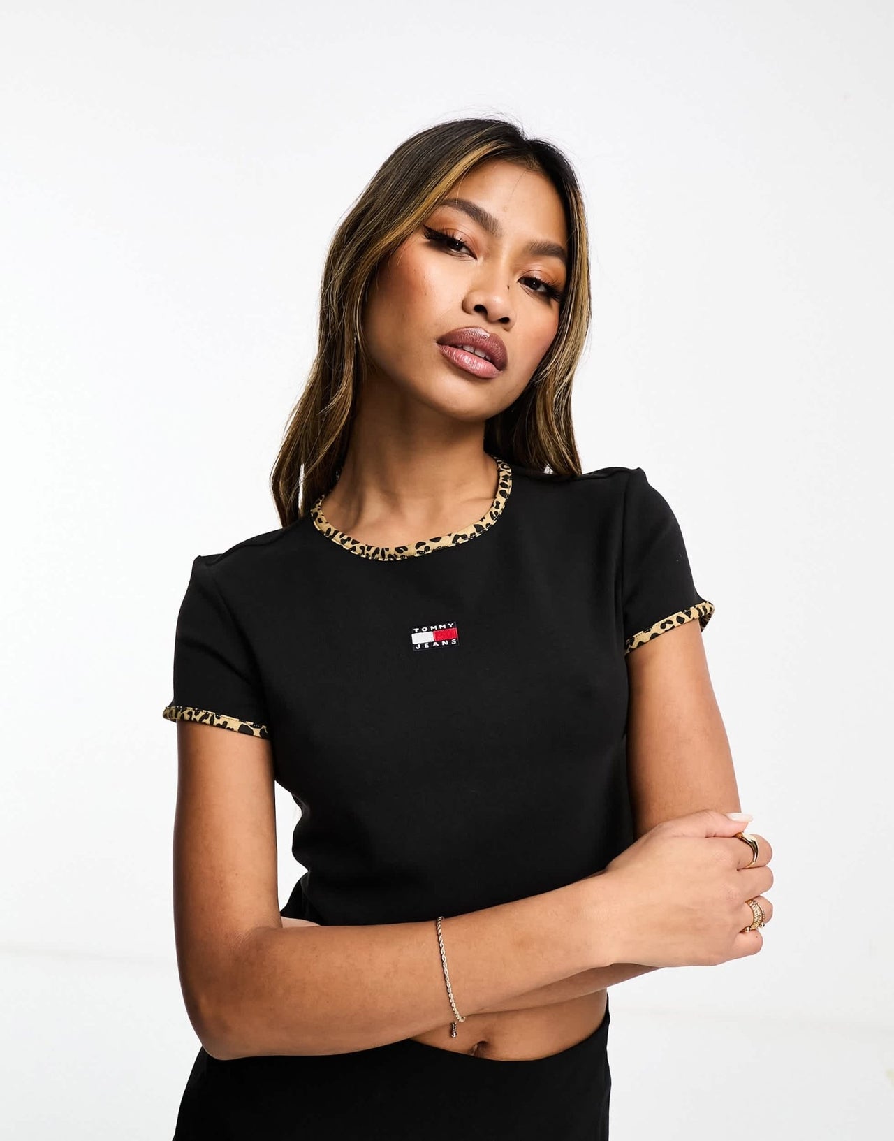 Tommy Jeans cropped leopard print binding t-shirt in black - ASOS Sample Sale EU Store