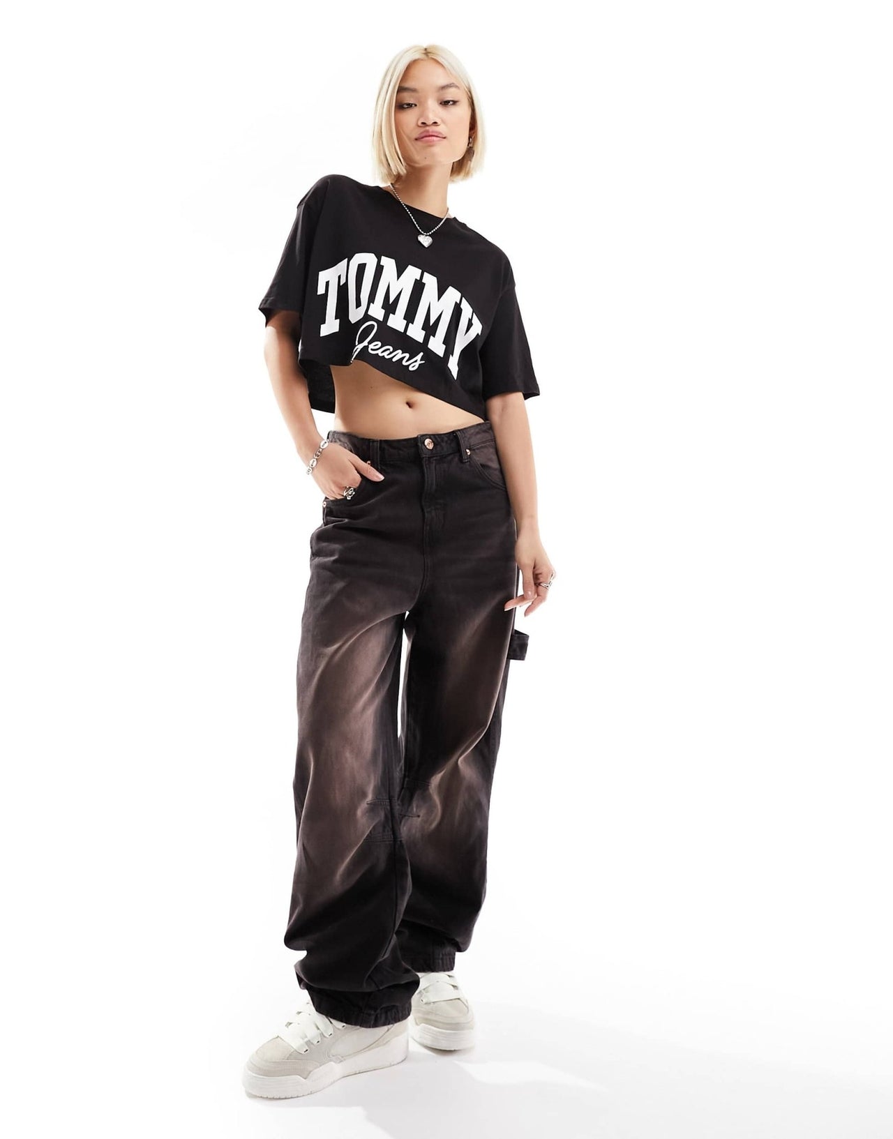 Tommy Jeans oversized cropped new varsity logo short sleeve t-shirt in black - ASOS Sample Sale EU Store