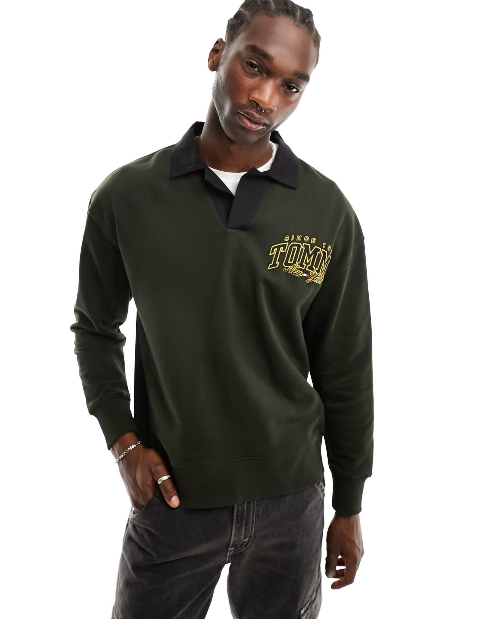 Tommy Jeans relaxed luxe varsity rugby shirt in green - ASOS Sample Sale EU Store