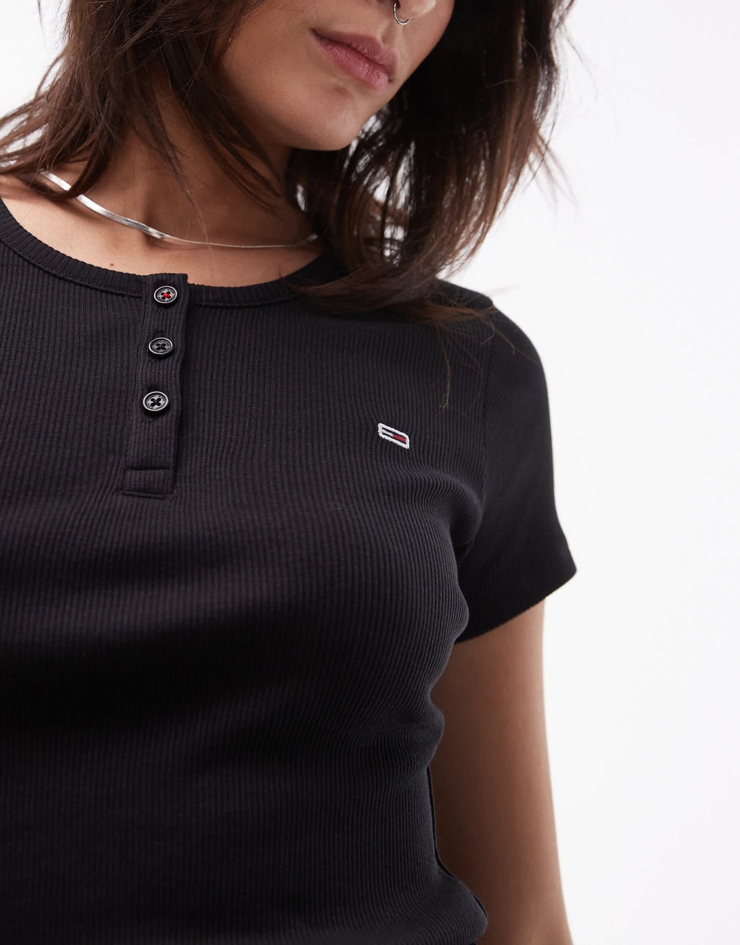 Tommy Jeans rib button t-shirt in black - ASOS Sample Sale EU Store