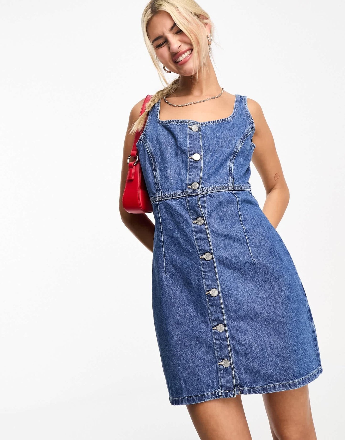 Tommy Jeans slim button through denim dress in mid wash - ASOS Sample Sale EU Store