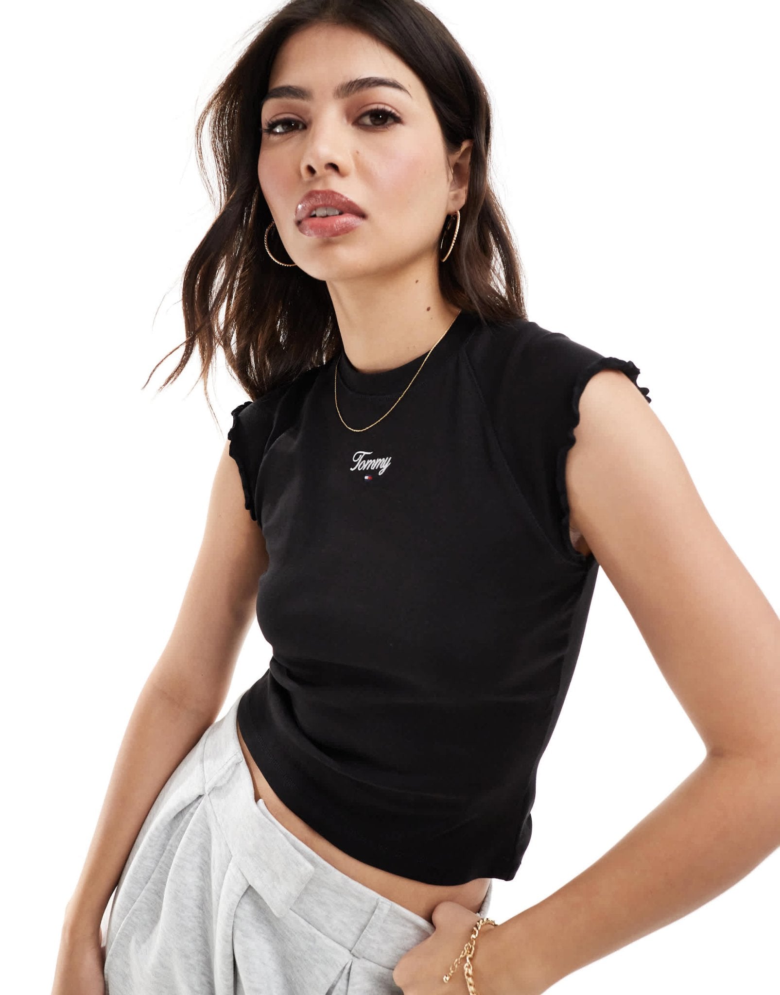 Tommy Jeans slim ruche script t-shirt in black - ASOS Sample Sale EU Store